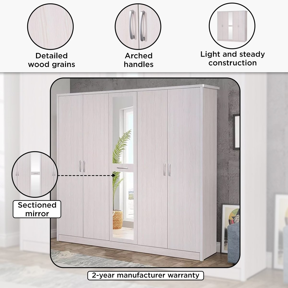 Movo Valencia 5-Door Wardrobe with Mirror-hbxfurniture-wardrobes-image-4