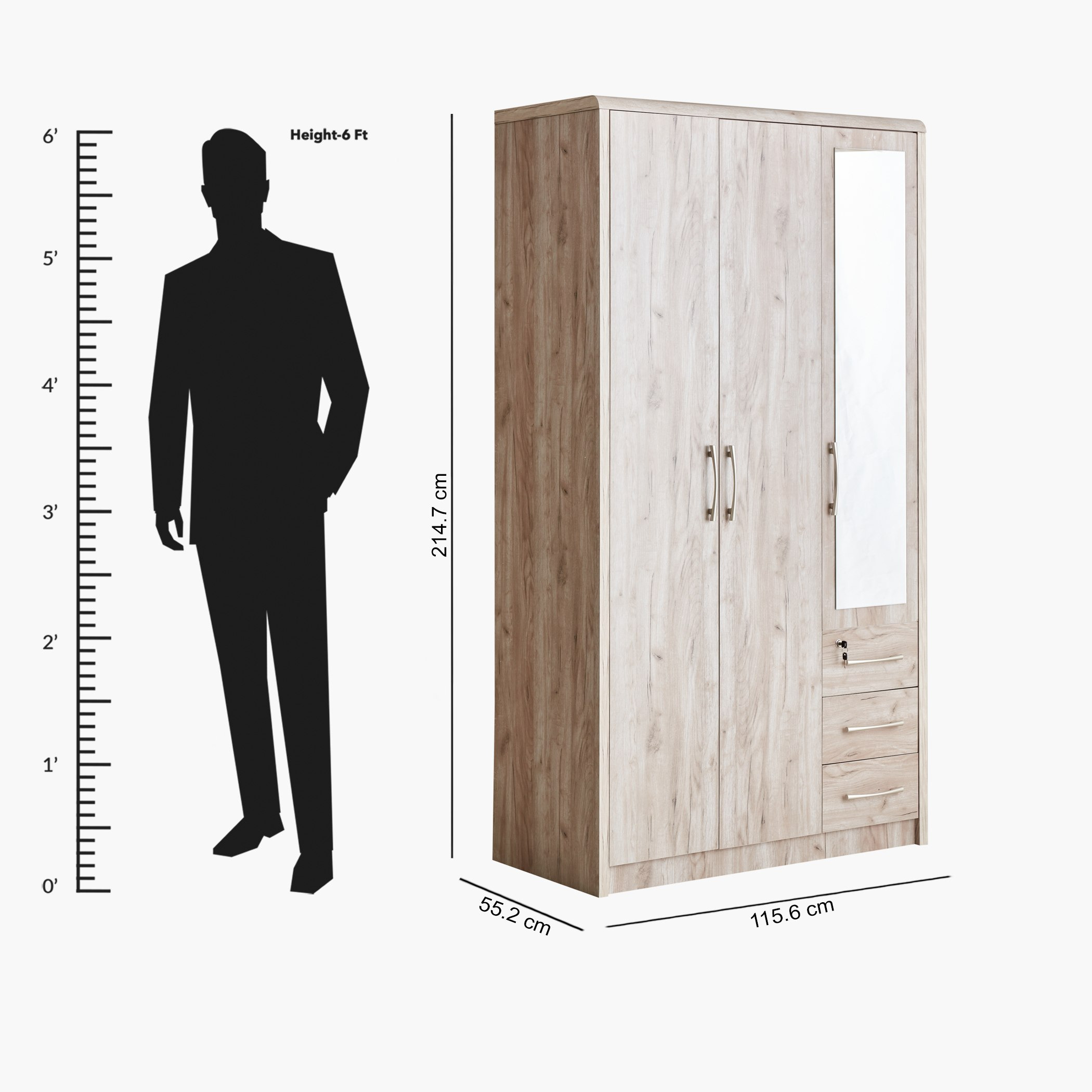 Buy Chelsea 3-Door Wardrobe with Mirror and 3 Drawers Online