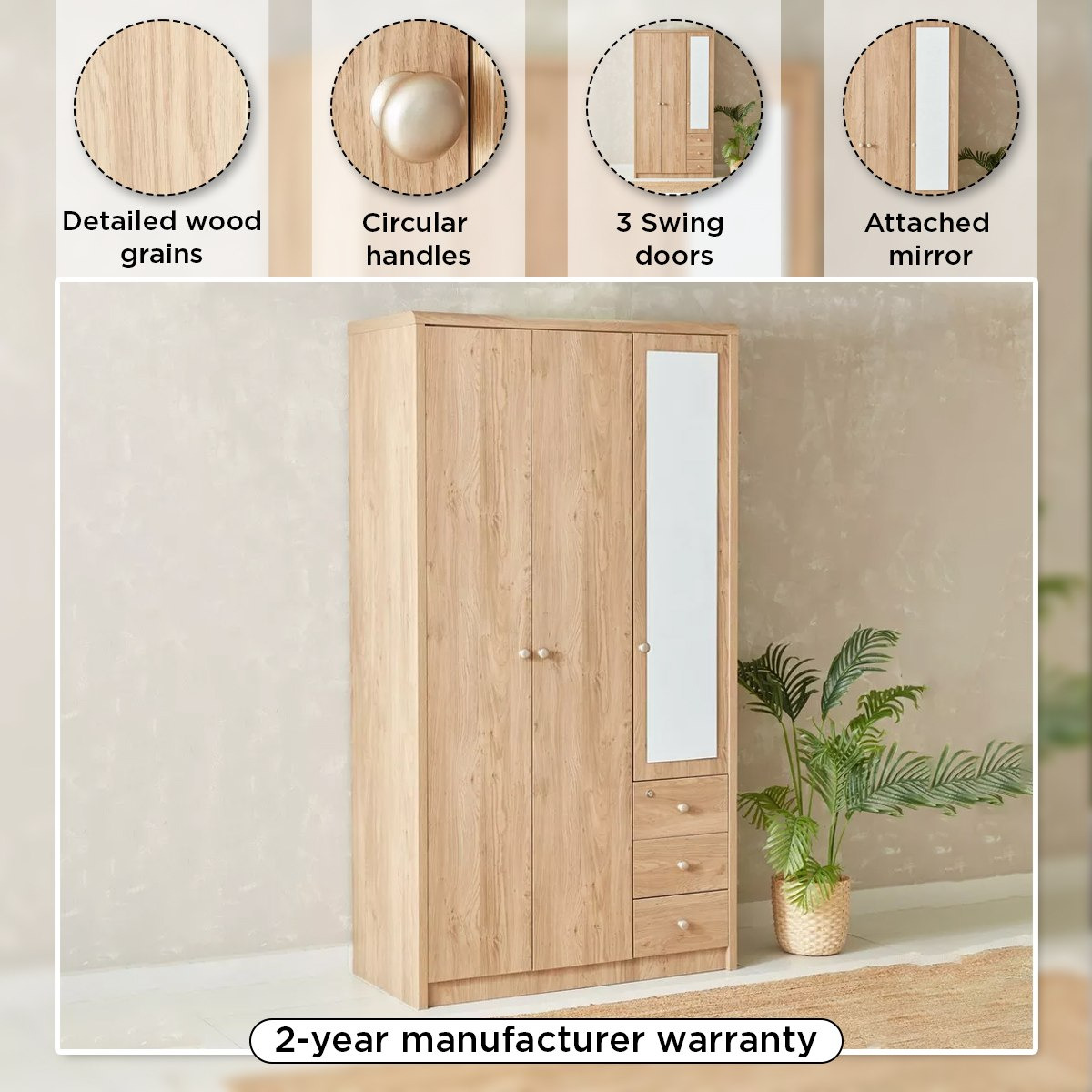 Nordica 3-Door Wardrobe with Mirror and 3 Drawers-hbxfurniture-wardrobes-image-4