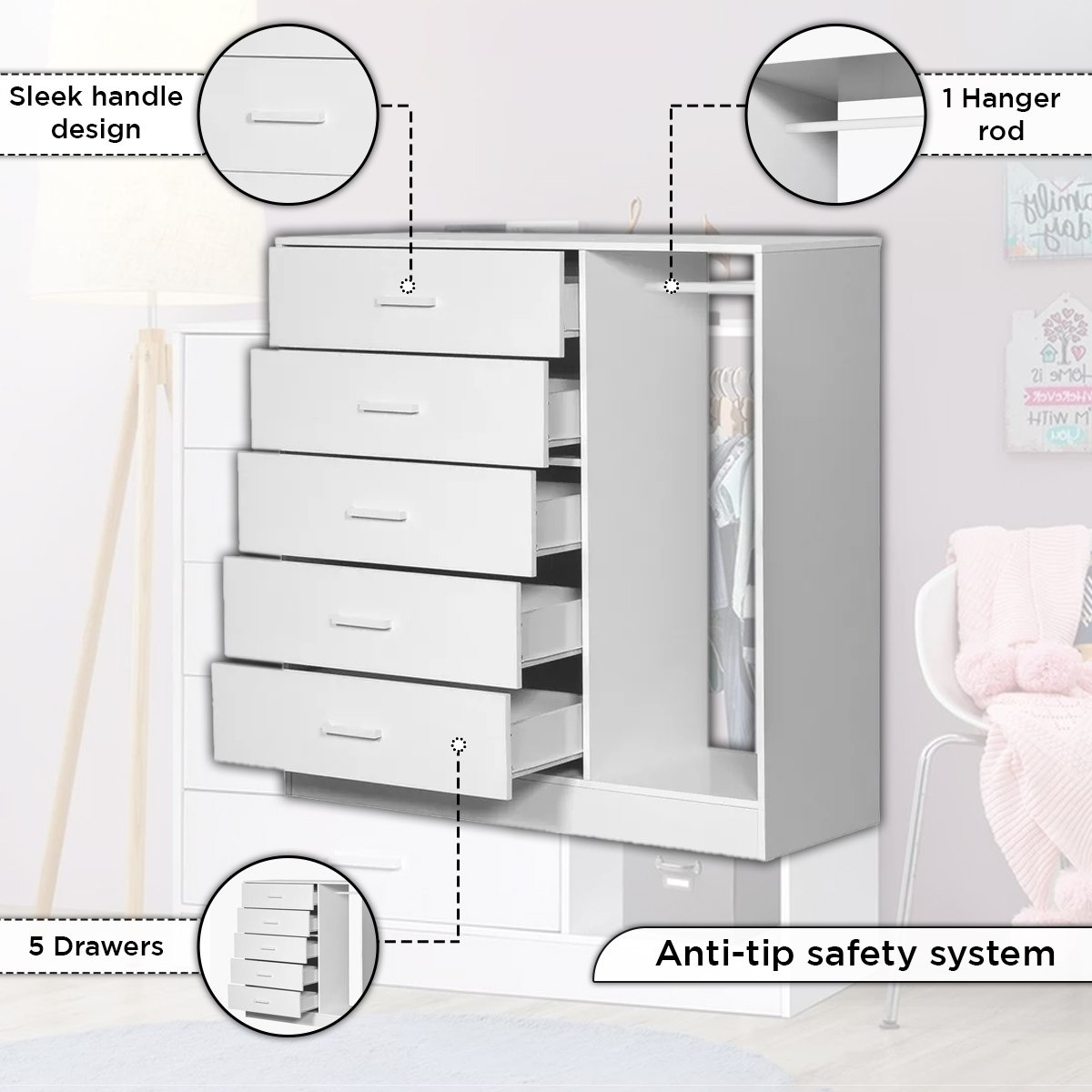 Buy Vanilla Cody Chest of 5-Drawers with Hanger Online in