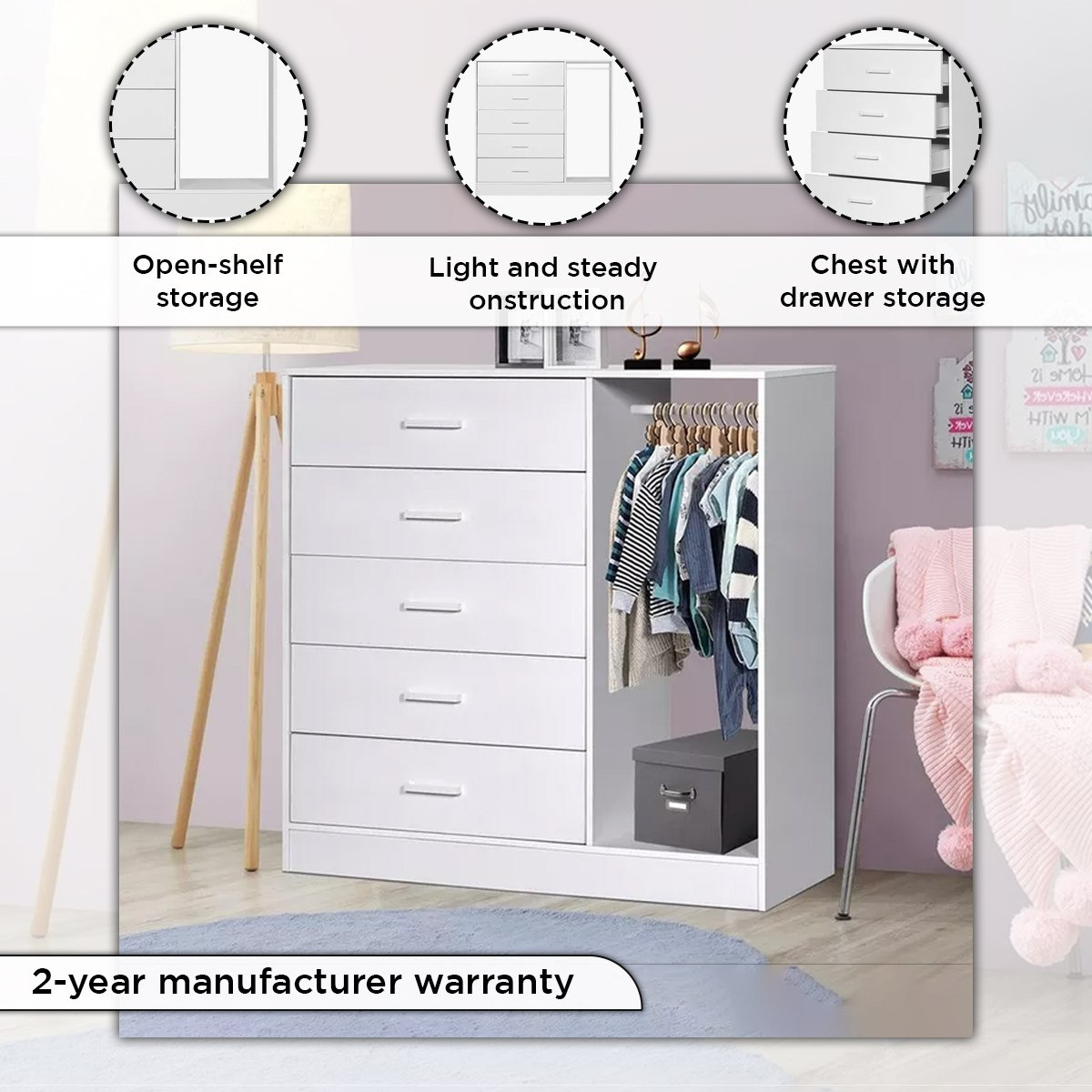 Ivory Cody Chest of 5-Drawers with Hanger-hbxfurniture-dressersandchests-chestofdrawers-image-8