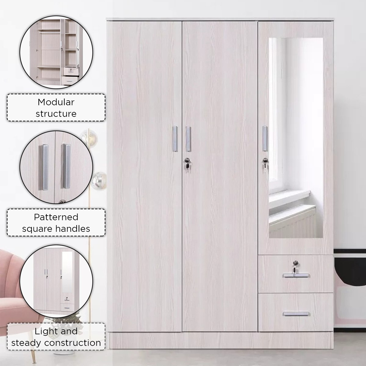 Movo Bella 3-Door Wardrobe with 2 Drawers-hbxfurniture-wardrobes-image-17