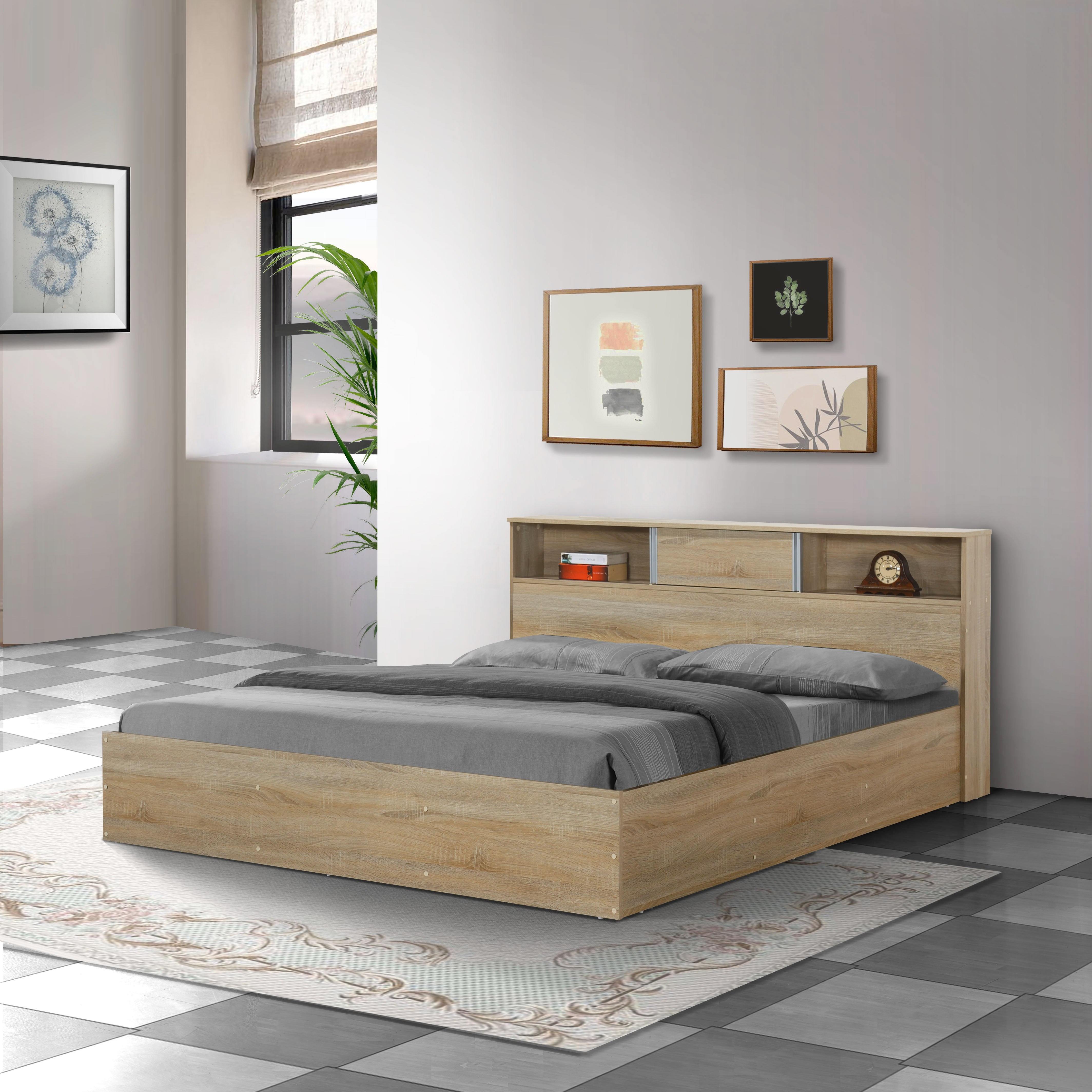 Movo Oasis Cambridge Queen Bed with Sliding Door Storage Headboard - 160x200 cm-hbxbedroom-bedsandbedsets-beds-queen-image-10