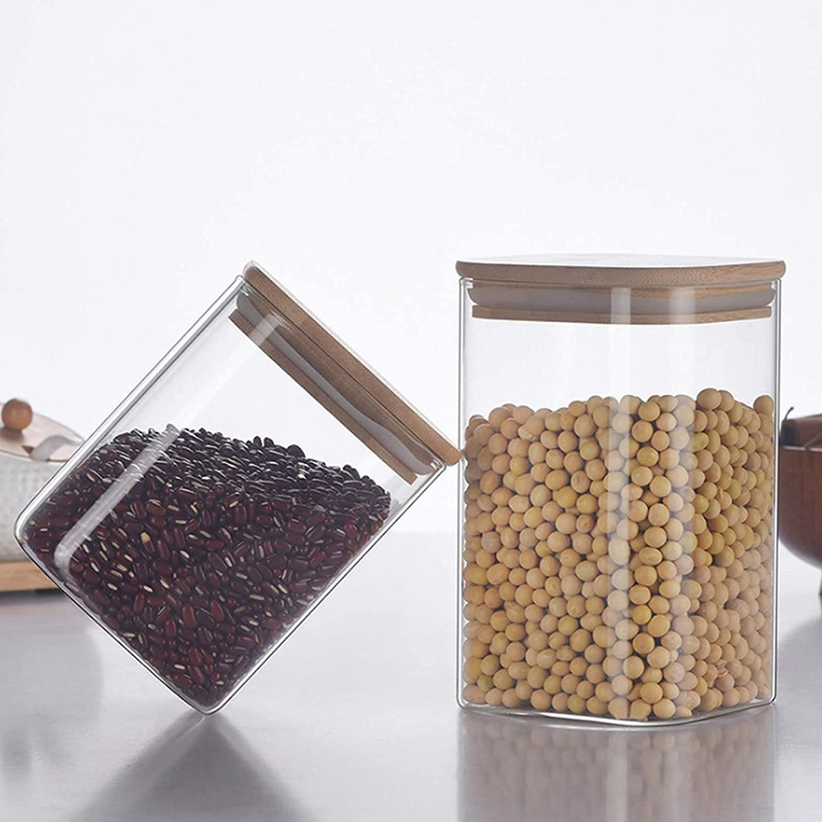 جرات تخزين زجاج مربعة الشكل مع غطاء خيزران محكم الإغلاق من زين - طقم من قطعتين-hbxhomeware-hbxkitchen-image-1