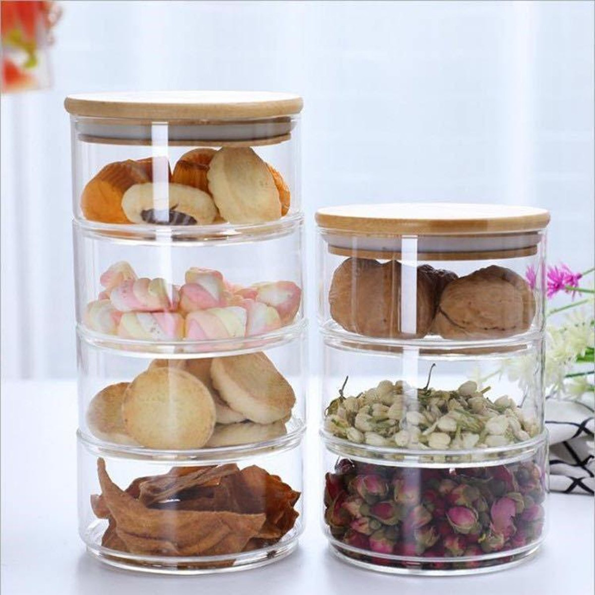 مرطبان تخزين الطعام زجاجي مكون من 3 طبقات بغطاء من الخيزران من زن - 10x10x17 سم-hbxhomeware-hbxkitchen-image-2