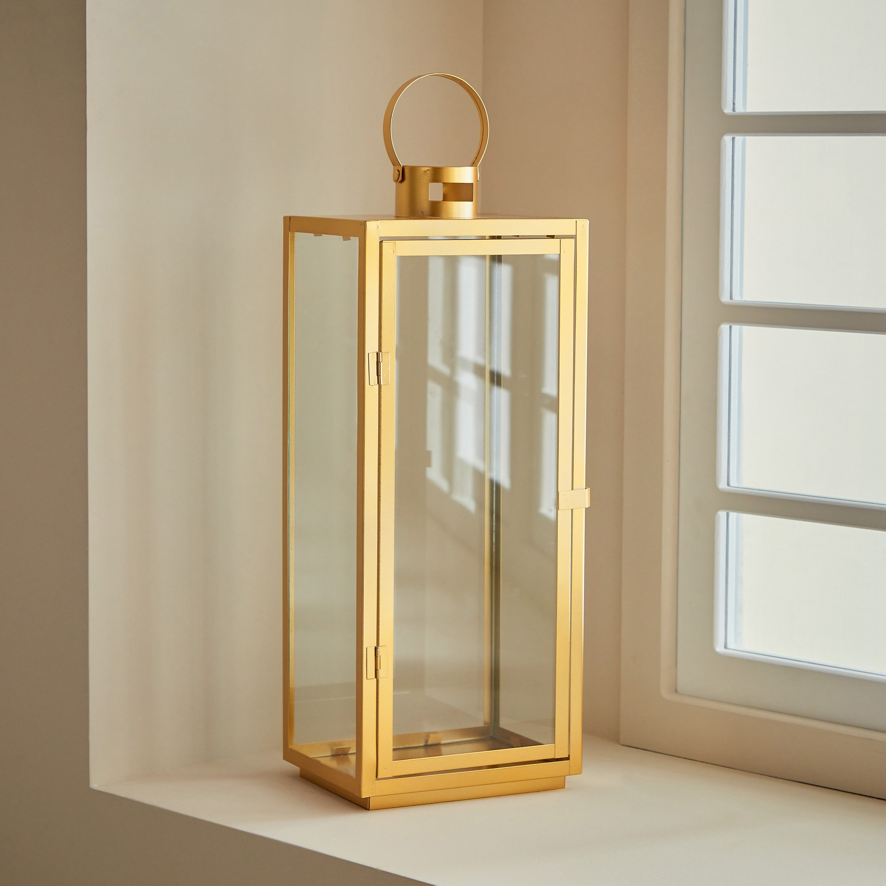 فانوس معدن بحامل شموع فوتيف زجاج شفاف من ناز - 20x15x50.5 سم-hbxdecorandfurnishings-homeaccessories-lanterns-image-1