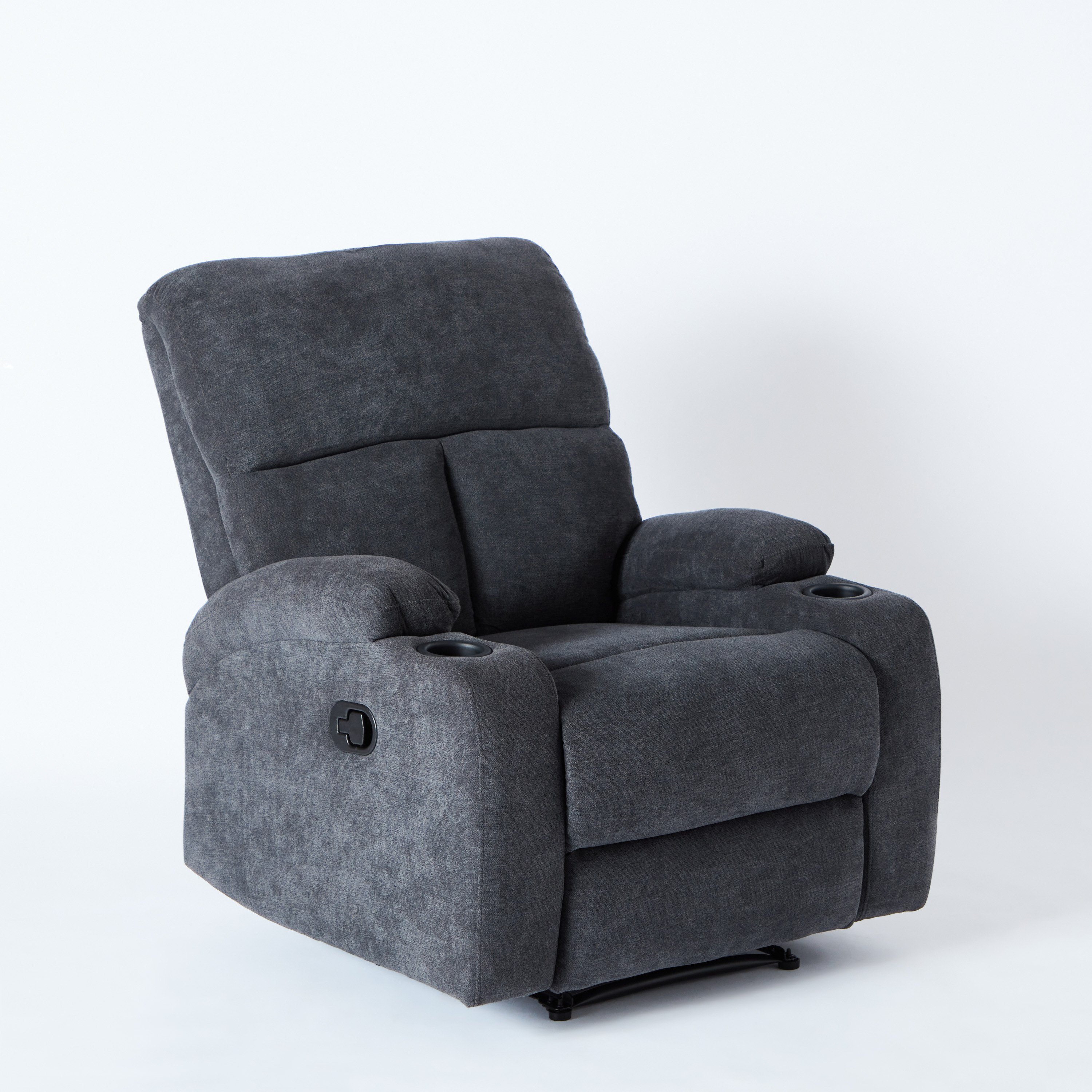 Grey recliner chair with store cup holder