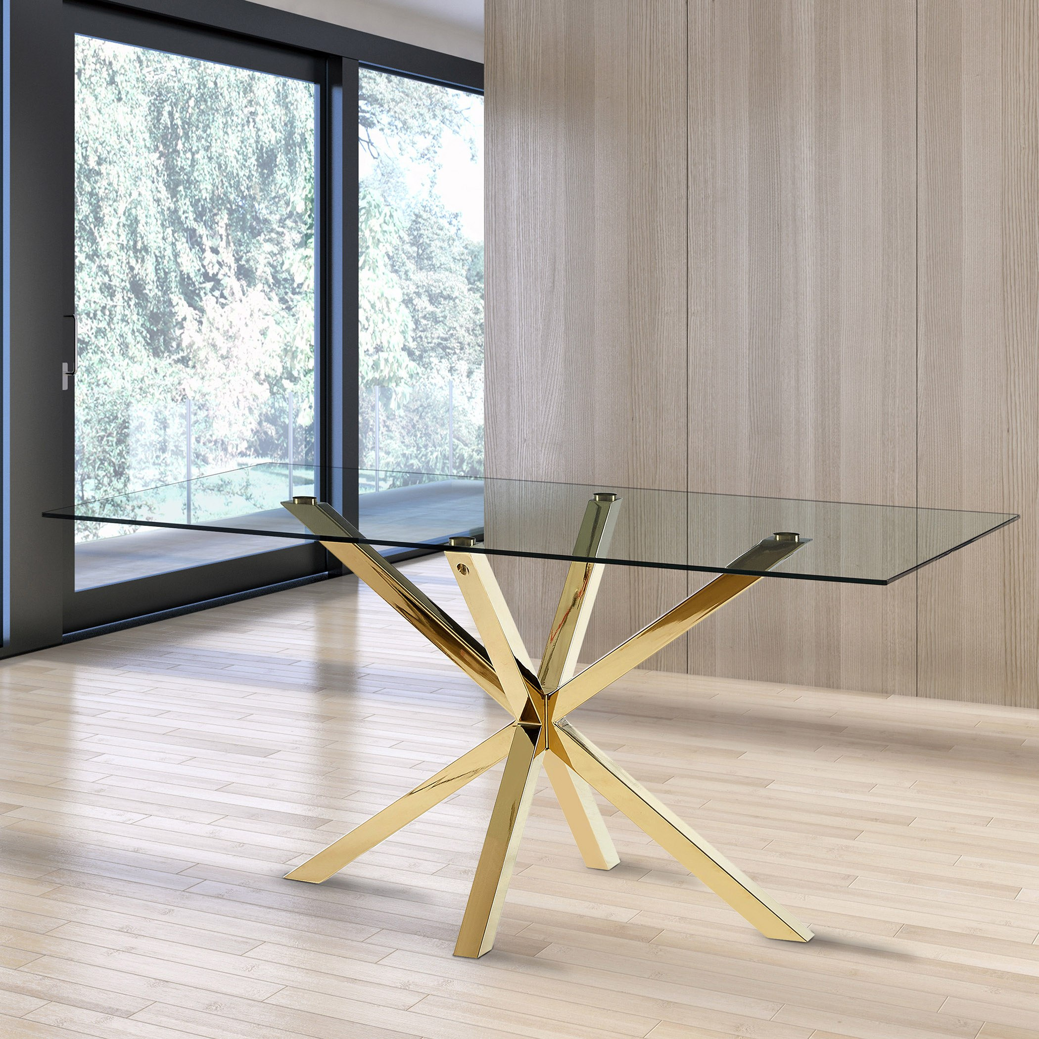 Glass dining table with shop gold base