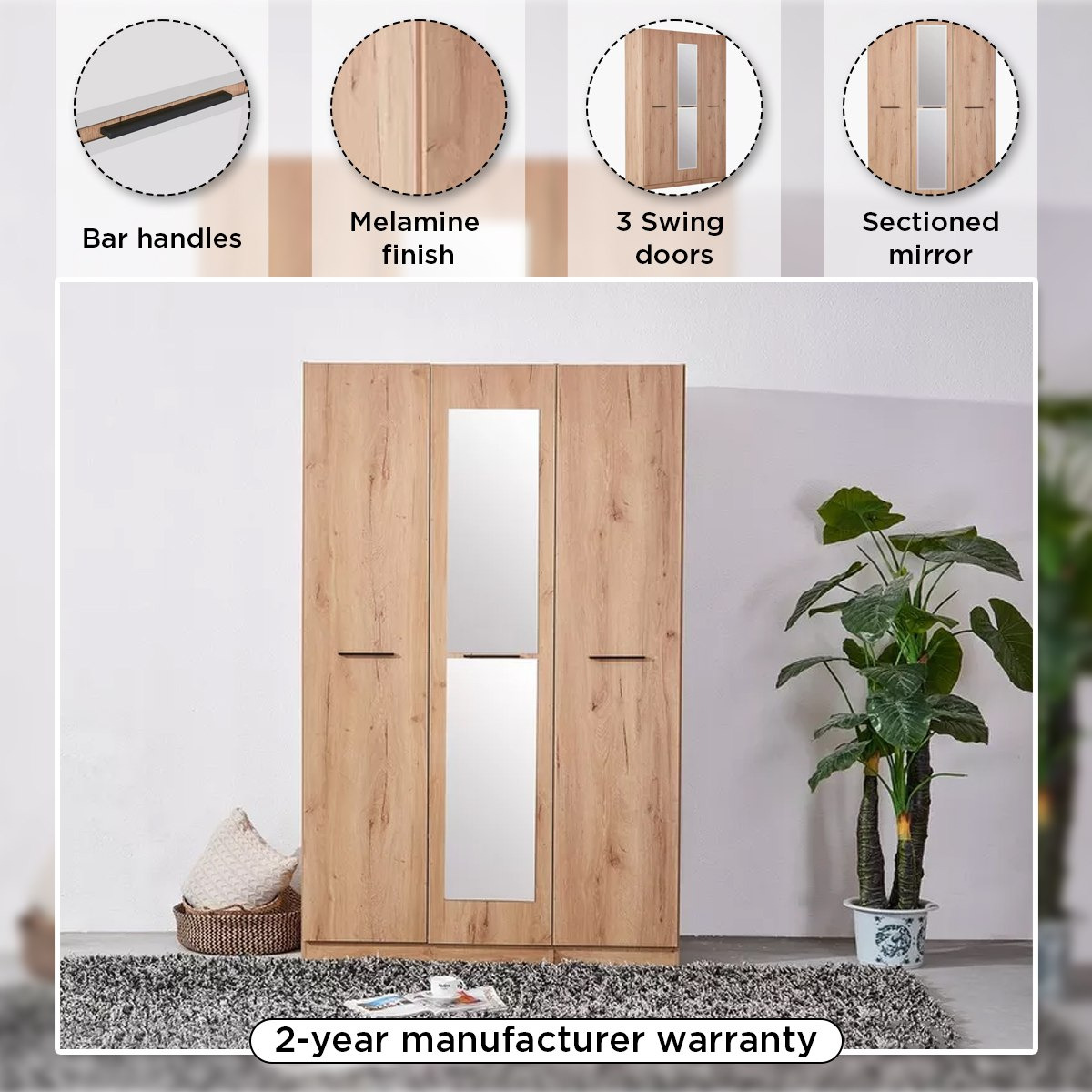 Urban 3-Door Wardrobe with Mirror-hbxfurniture-wardrobes-image-4