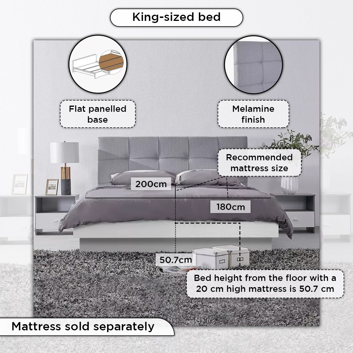 Patara Upholstered King Bed with Floating Footboard - 180x200 cm-hbxfurniture-bedsandbedsets-beds-king-image-5
