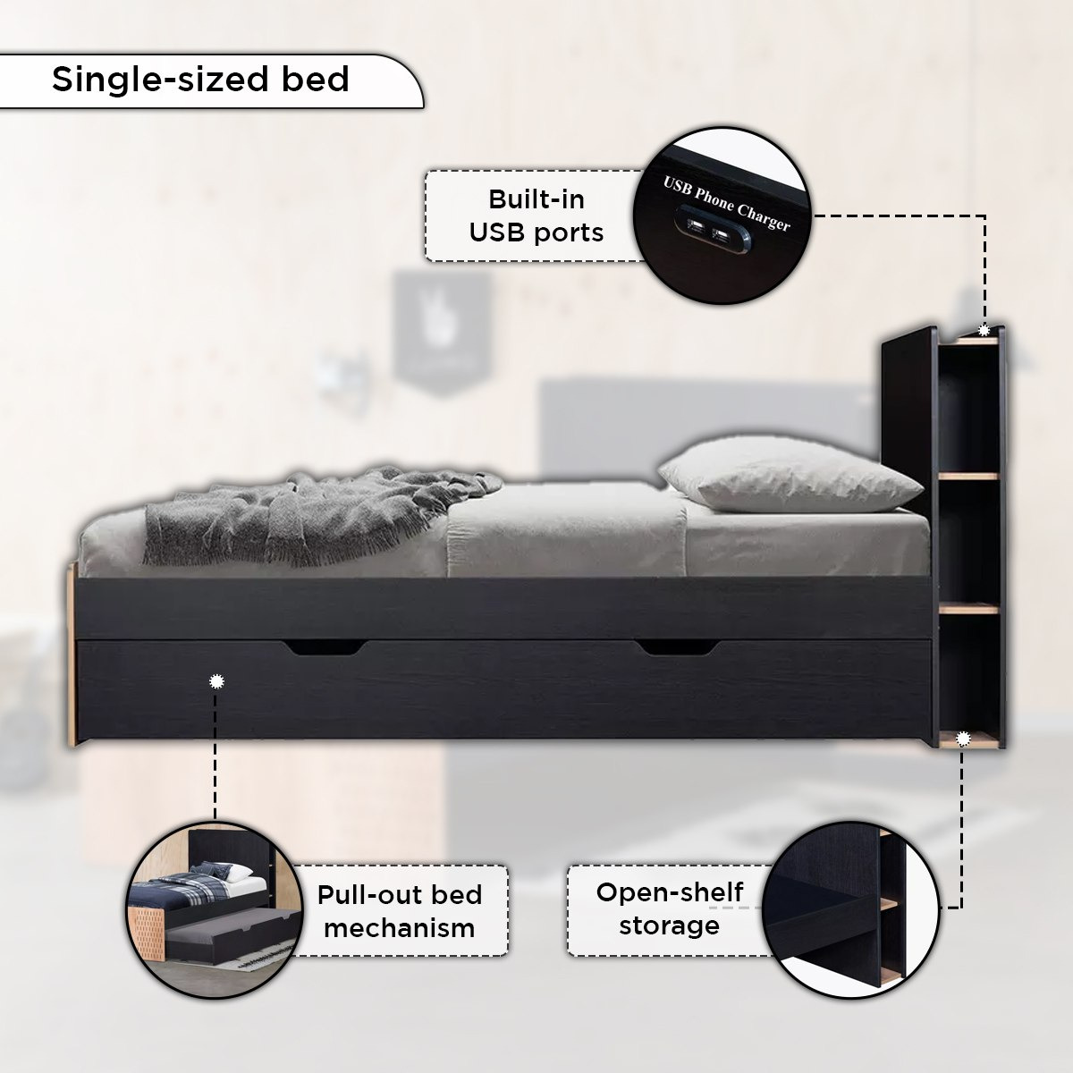 Jordan Single Smart Bed with Headboard Storage and USB Charging Port - 90x200 cm-hbxfurniture-bedsandbedsets-beds-single-image-6