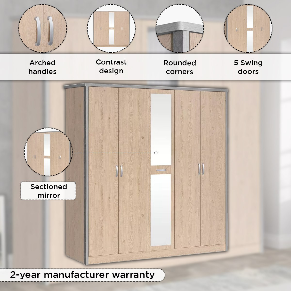 خزانة ملابس 5 أبواب مع مرآة - كريسنت من موڤو-hbxfurniture-wardrobes-image-4