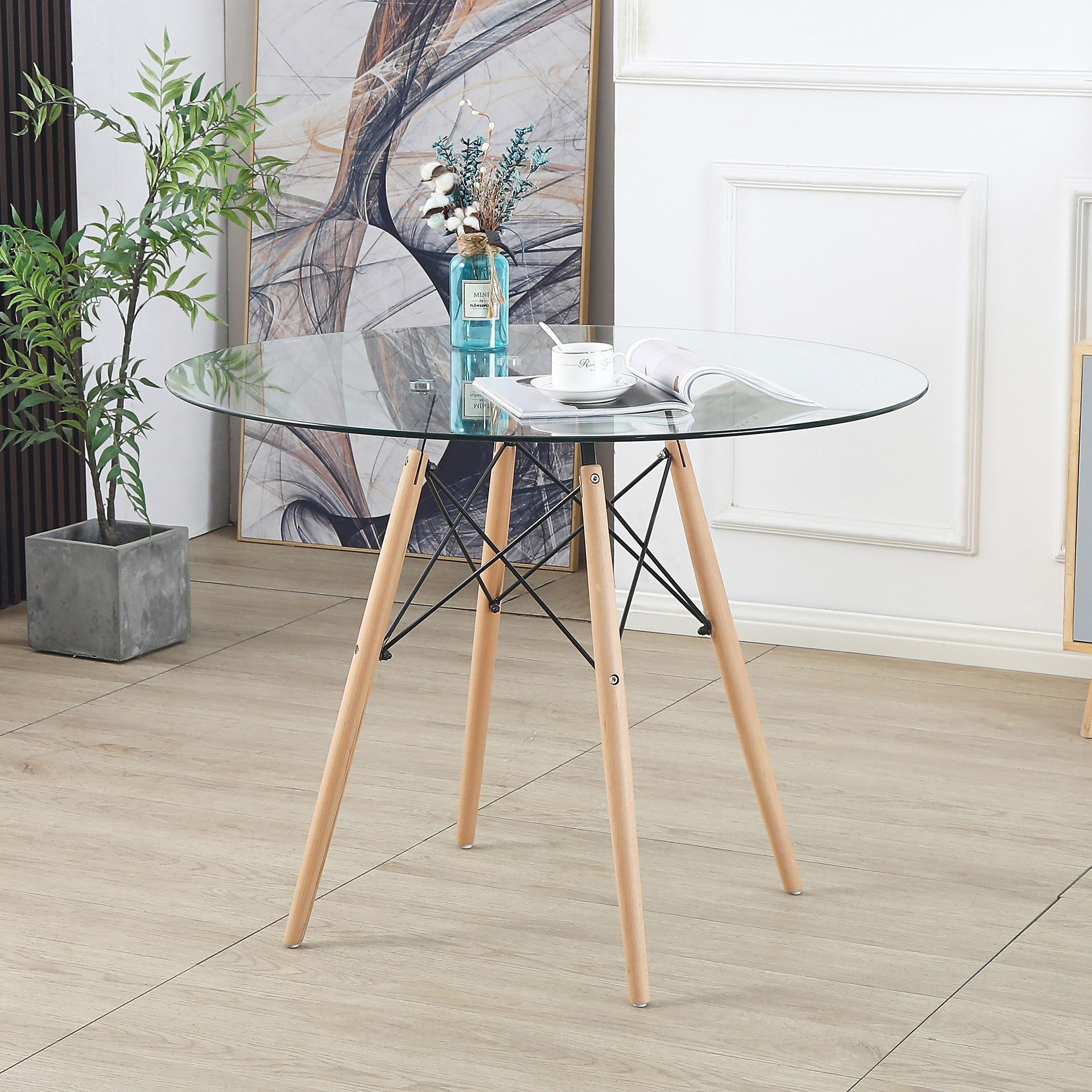 Round glass store table and chairs