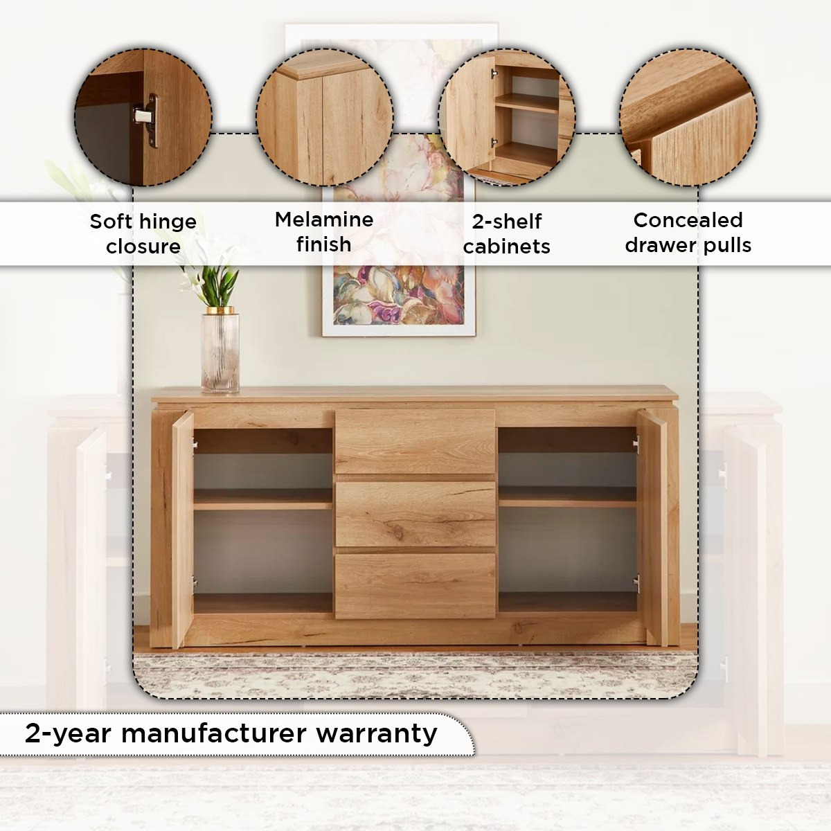 Bali 3-Drawer Sideboard Buffet with 2 Doors-hbxfurniture-diningroom-buffetsandsideboards-image-4