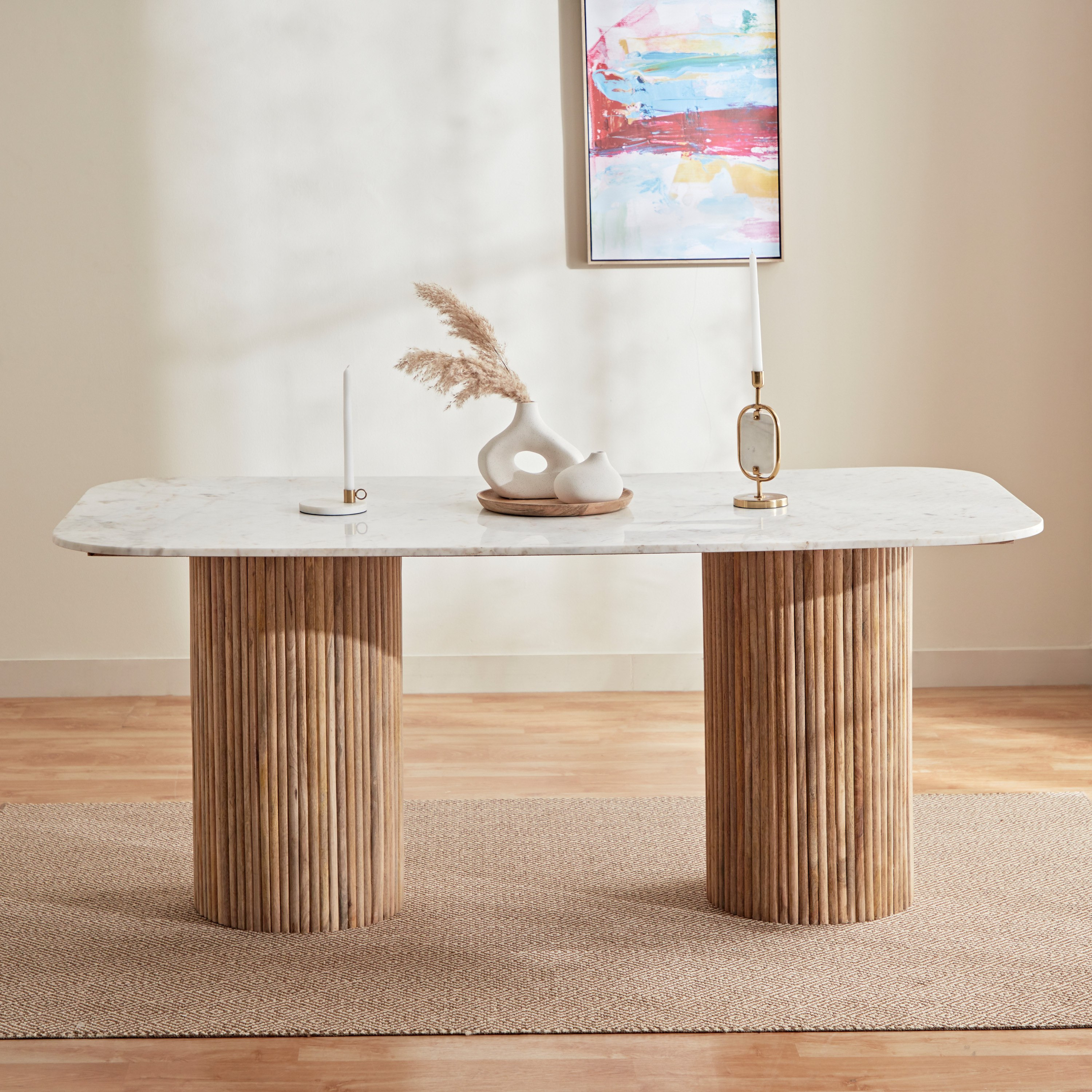 Fluted 6-Seater Marble Top and Solid Wood Dining Table-hbxdiningroom-diningtablesandsets-diningtables-sixseater-image-2