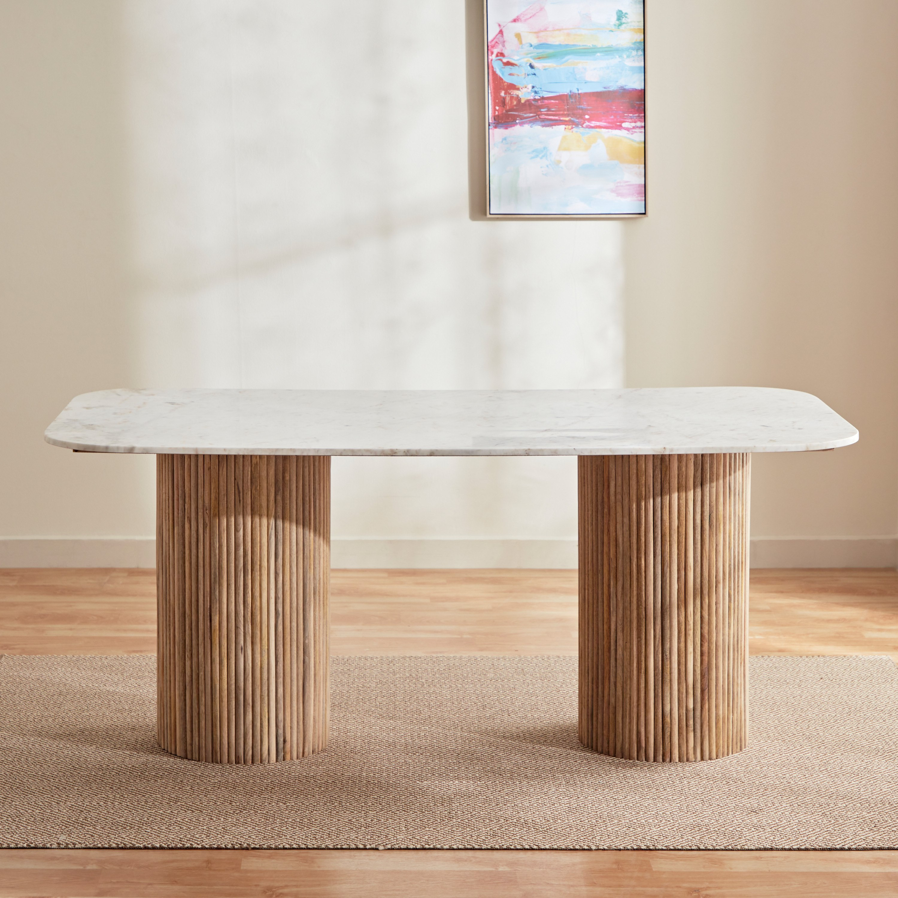 Fluted 6-Seater Marble Top and Solid Wood Dining Table-hbxdiningroom-diningtablesandsets-diningtables-sixseater-image-3
