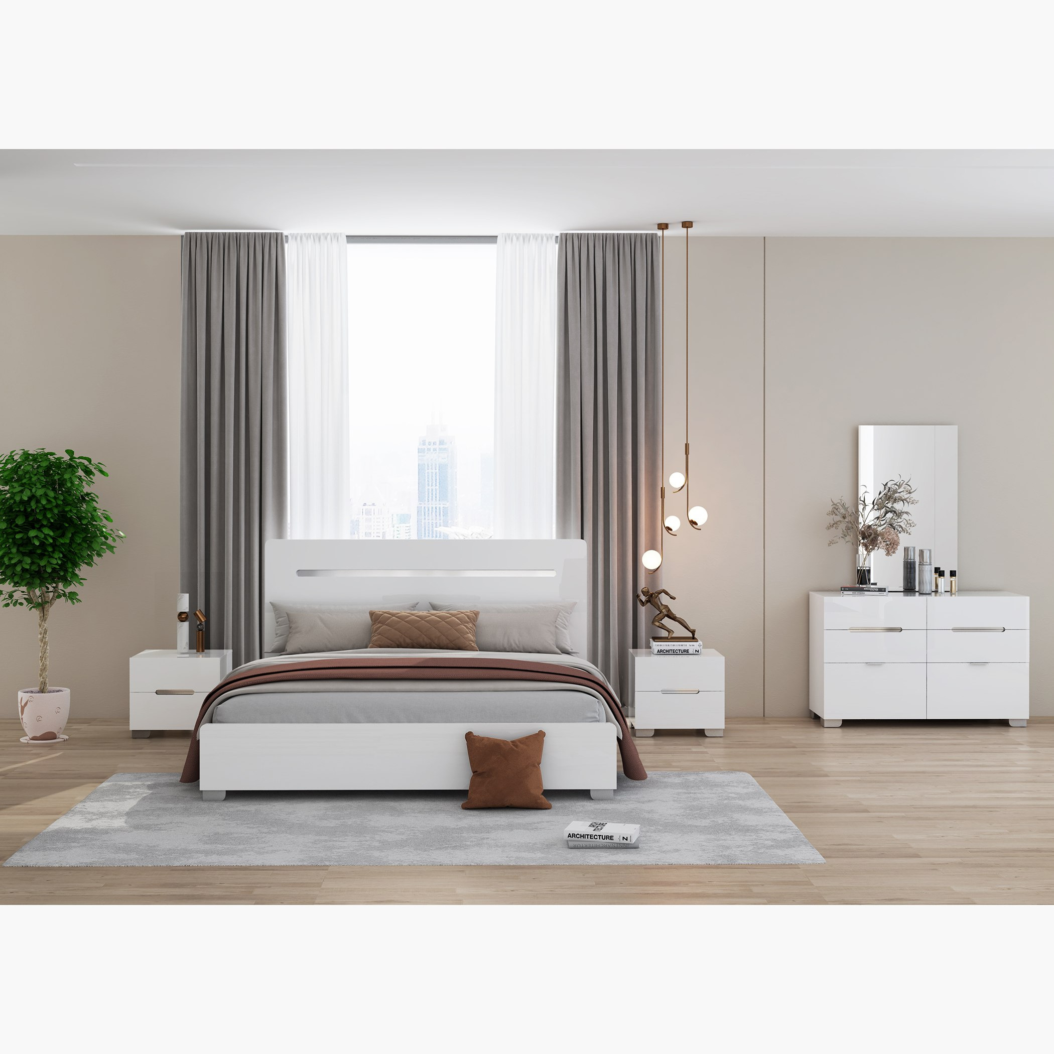 طقم غرفة نوم كينج فائقة اللمعان 5 قطع من سانتوريني - 180x200 سم-hbxbedroom-bedsandbedsets-bedroomsets-king-image-1