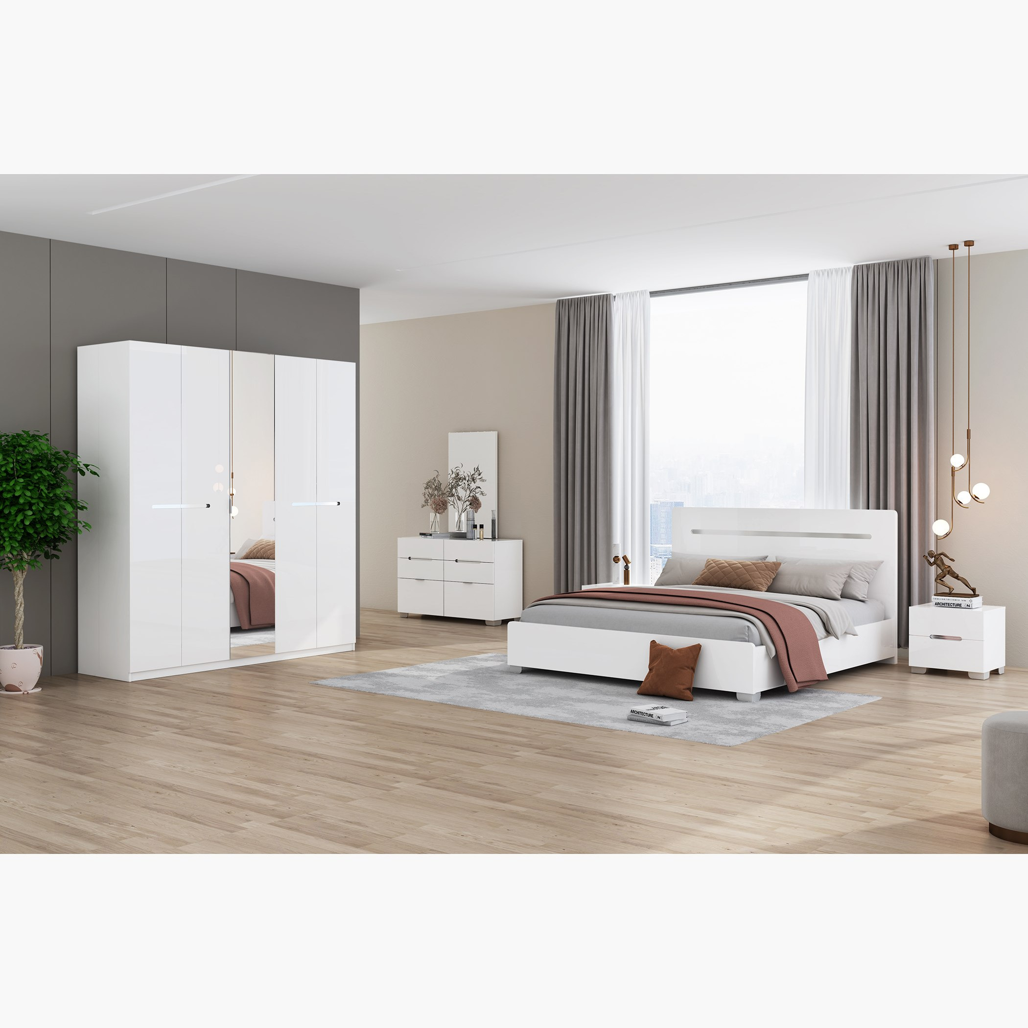 طقم غرفة نوم كينج فائقة اللمعان 5 قطع من سانتوريني - 180x200 سم-hbxbedroom-bedsandbedsets-bedroomsets-king-image-14