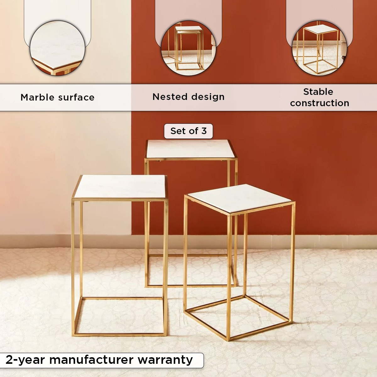 طقم طاولات متداخلة مربعة من 3 قطع بسطح من الرخام الأصلي - ويلو-hbxfurniture-livingroom-nestingtables-image-4