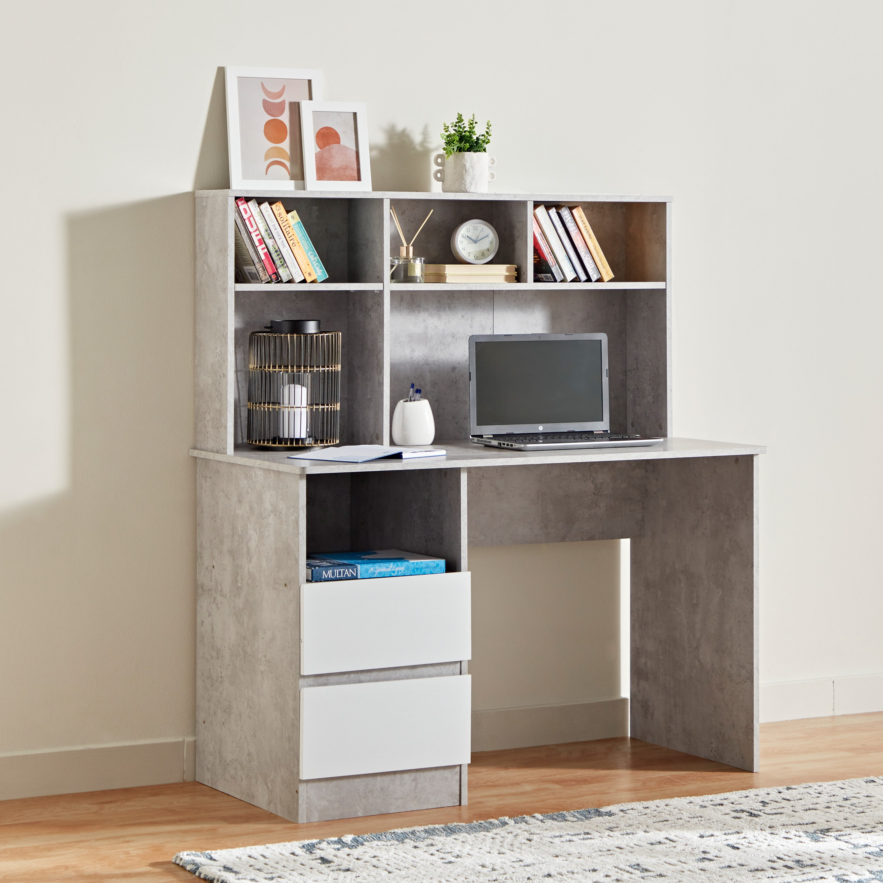 Home office desk with store hutch and drawers