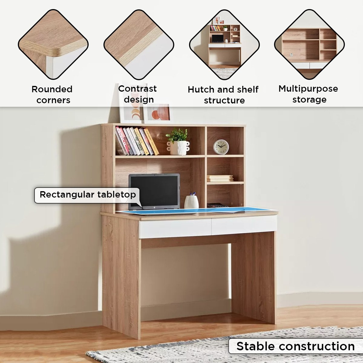 Alford Patara Twin Drawer Study Desk with Hutch-hbxfurniture-office-desks-image-5