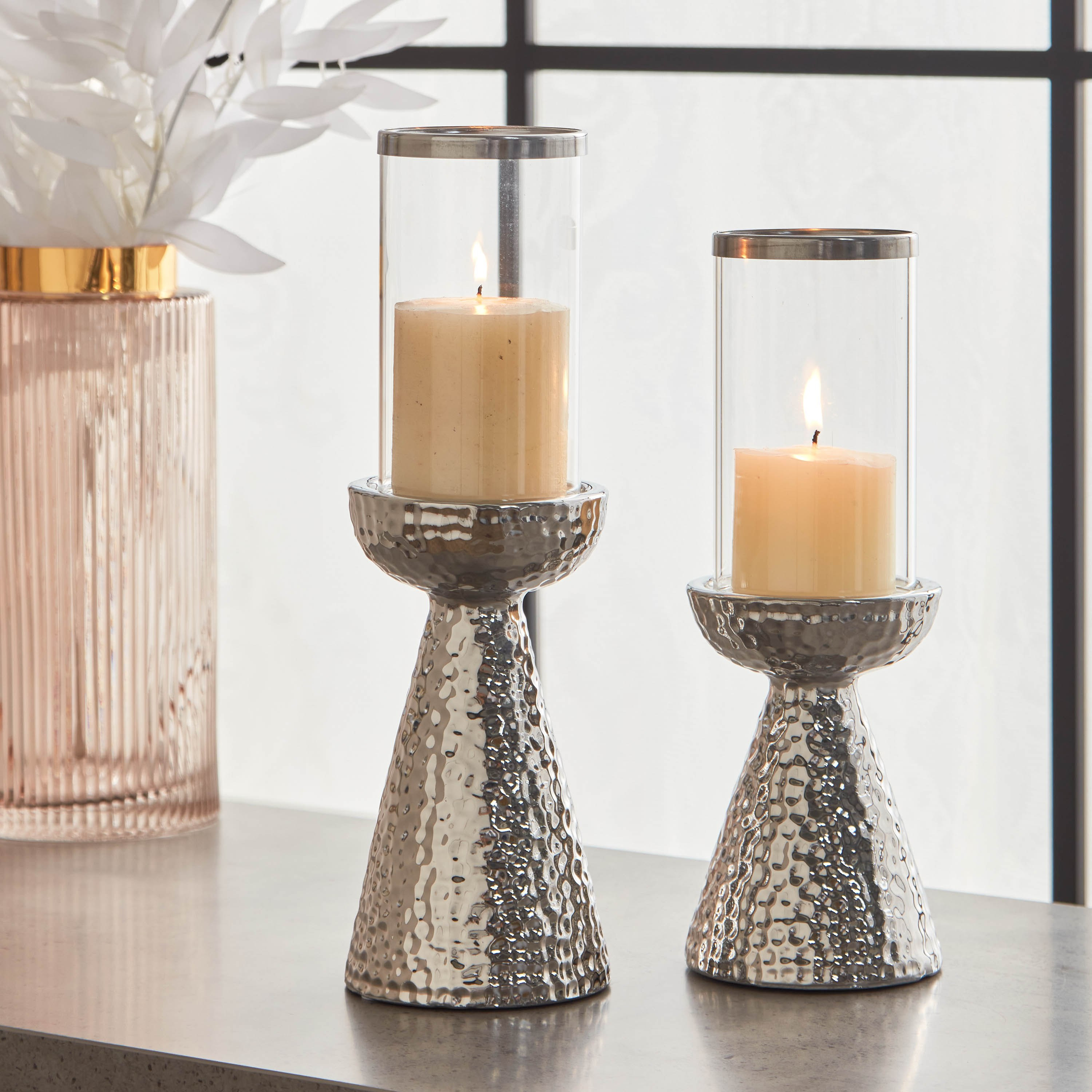 حامل شموع من السيراميك بتفاصيل زجاج - طقم قطعتين-hbxlivingroom-decorandaccessories-candleholders-image-1