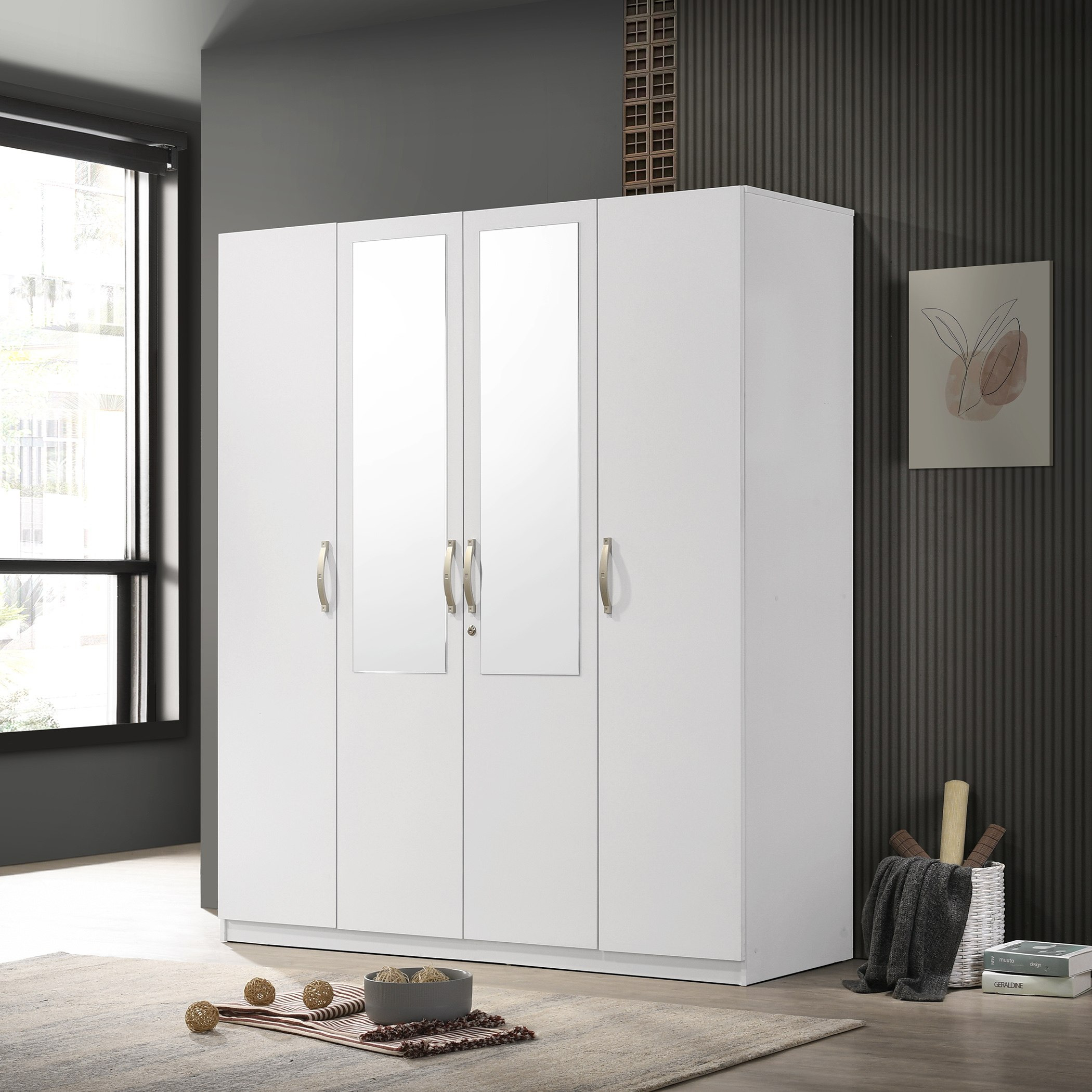 White 4 door wardrobe with deals mirror