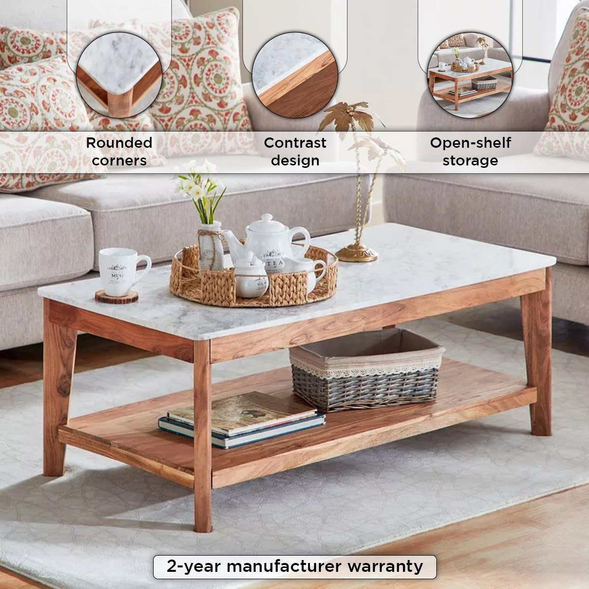 Buy Midtown Genuine Marble Top Coffee Table with Solid Wood Base Online in KSA Homebox
