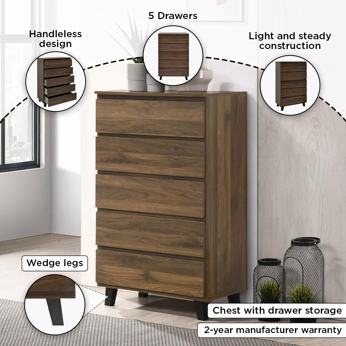 Kulltorp Plus Chest of 5-Drawers with Legs-hbxfurniture-dressersandchests-chestofdrawers-image-4