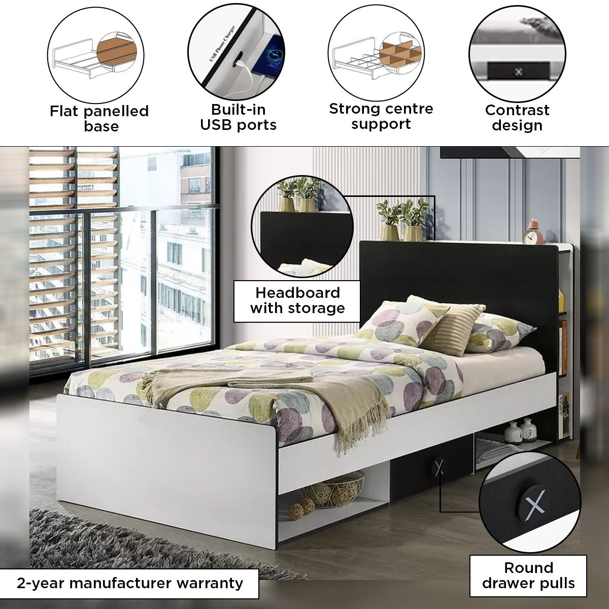 Gamerz Smart Bed with Headboard Storage and 2 Drawers - 90x200 cm-hbxfurniture-bedsandbedsets-beds-single-image-4