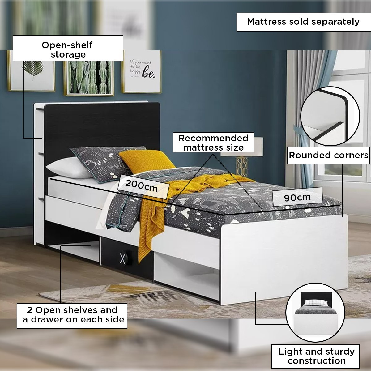 Gamerz Smart Bed with Headboard Storage and 2 Drawers - 90x200 cm-hbxfurniture-bedsandbedsets-beds-single-image-5