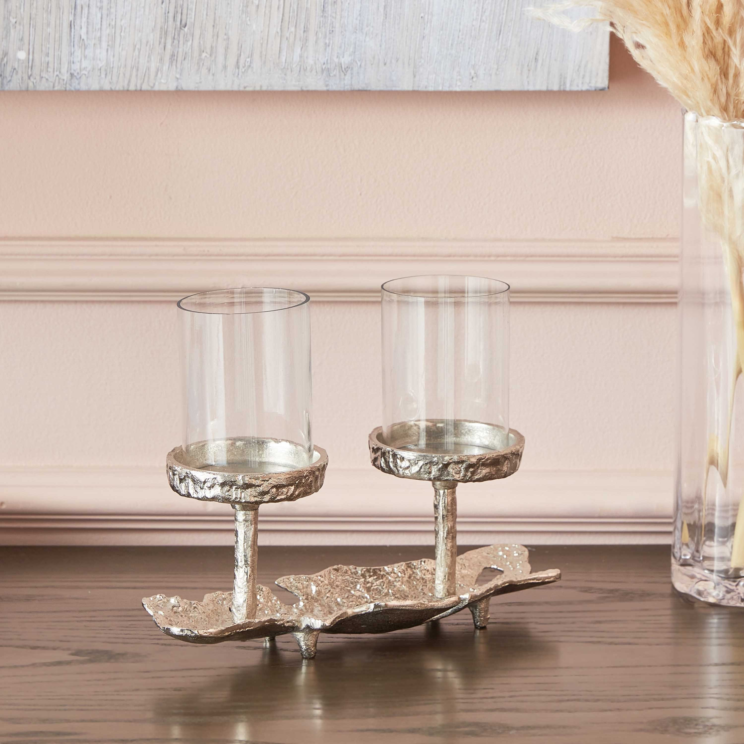 حامل شموع بارز الملمس من رقائق الألومنيوم مع زجاج من كلوي - 28x8x15 سم-hbxlivingroom-decorandaccessories-candleholders-image-2