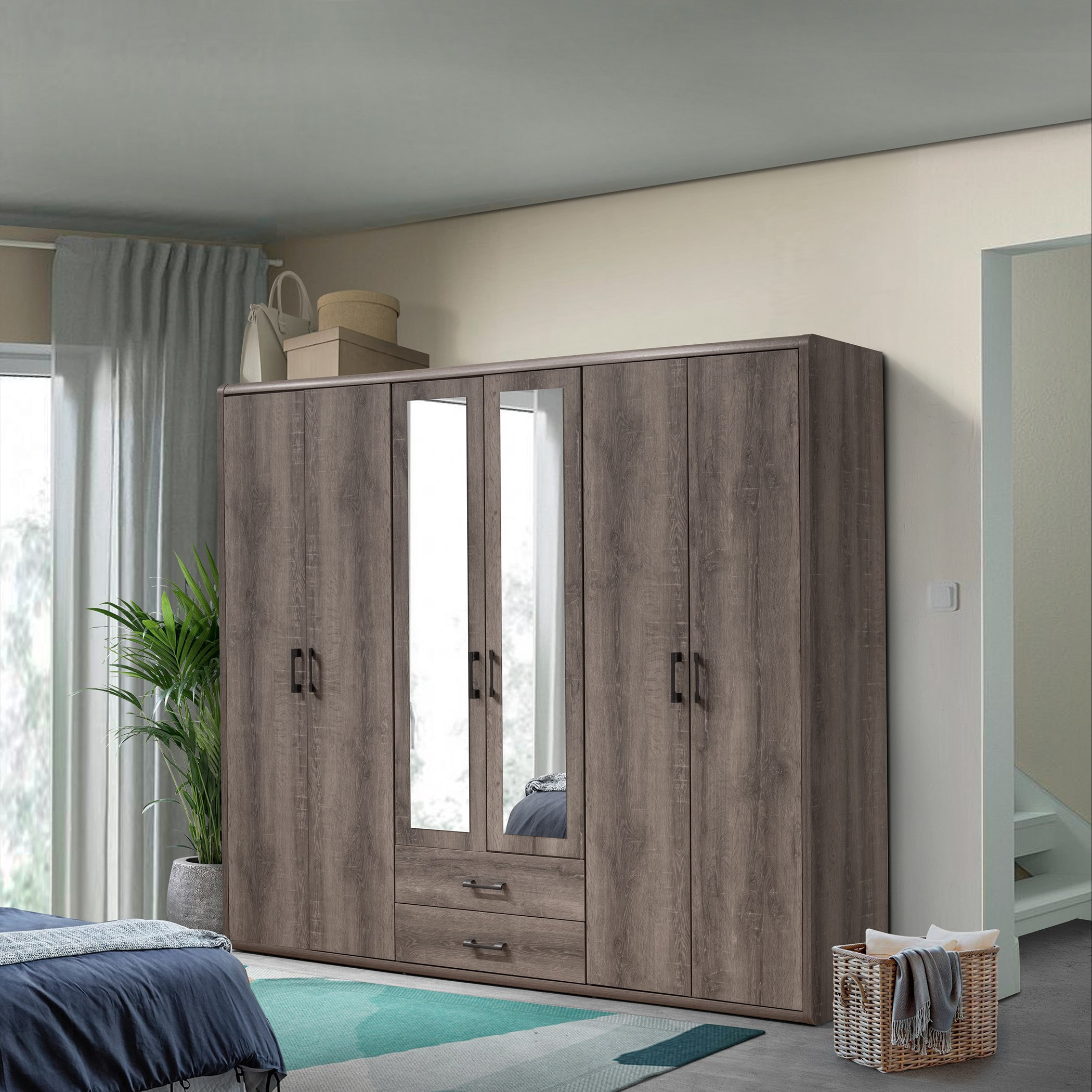 خزانة ملابس 6 أبواب مع درجين و2 مرآة - جلوبس من موڤو-hbxfurniture-wardrobes-image-1