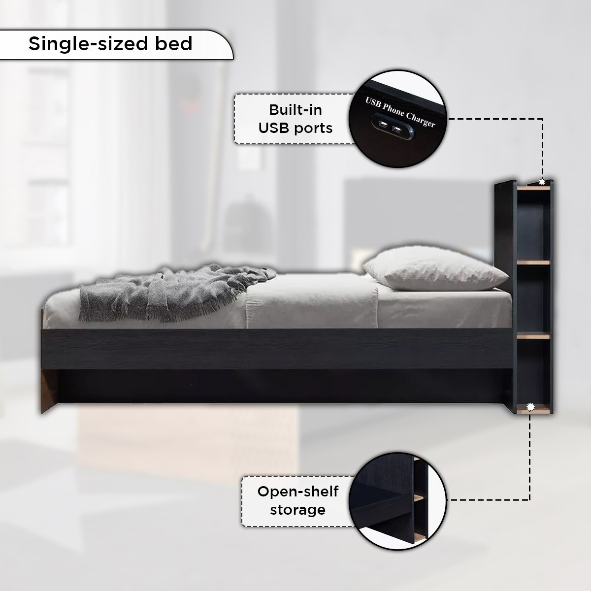 Jordan Single Smart Bed with Headboard Storage - 90x200 cm-hbxfurniture-bedsandbedsets-beds-single-image-6