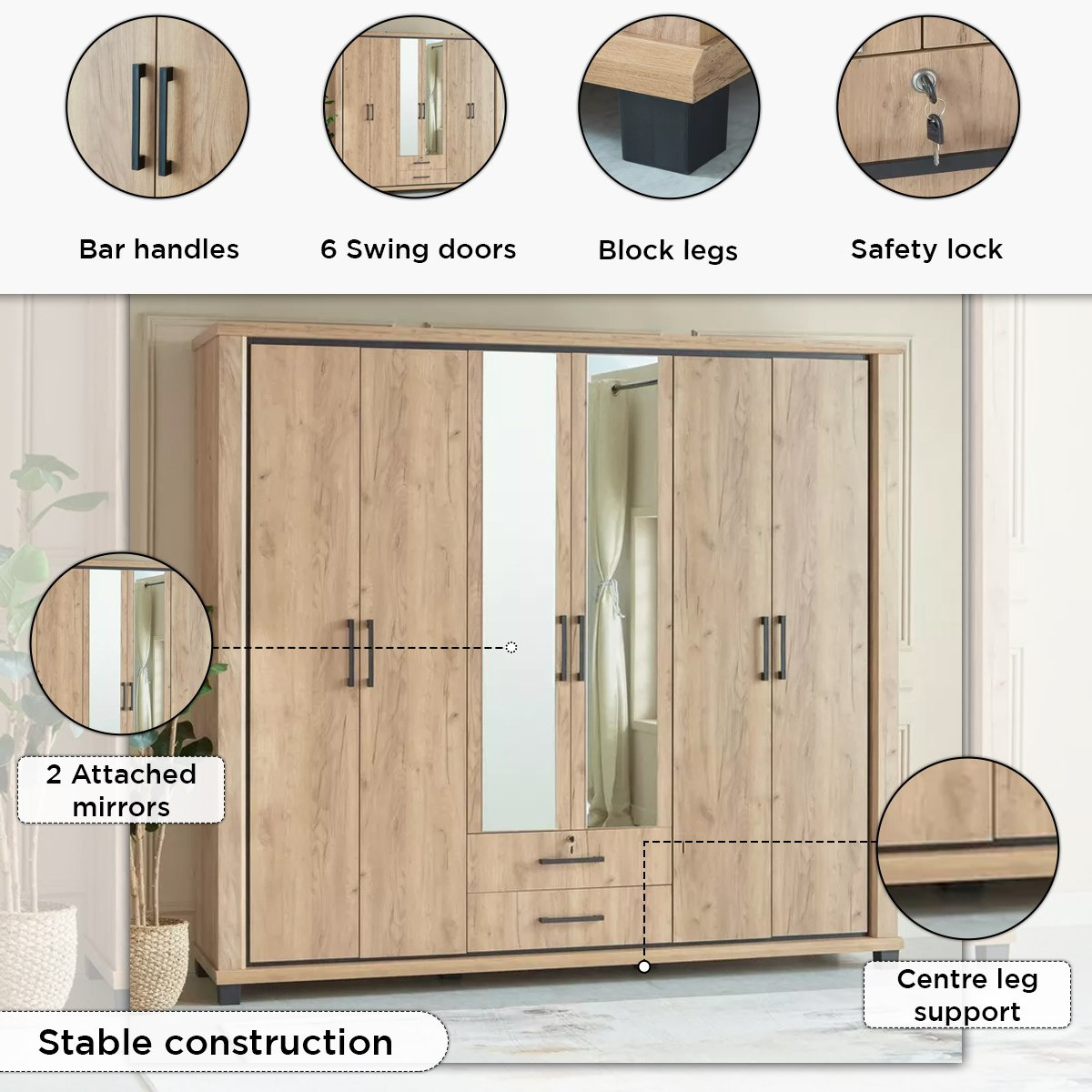 Belfort 6-Door 2-Drawer Wardrobe with 2 Mirrors and Lock-hbxfurniture-wardrobes-image-4