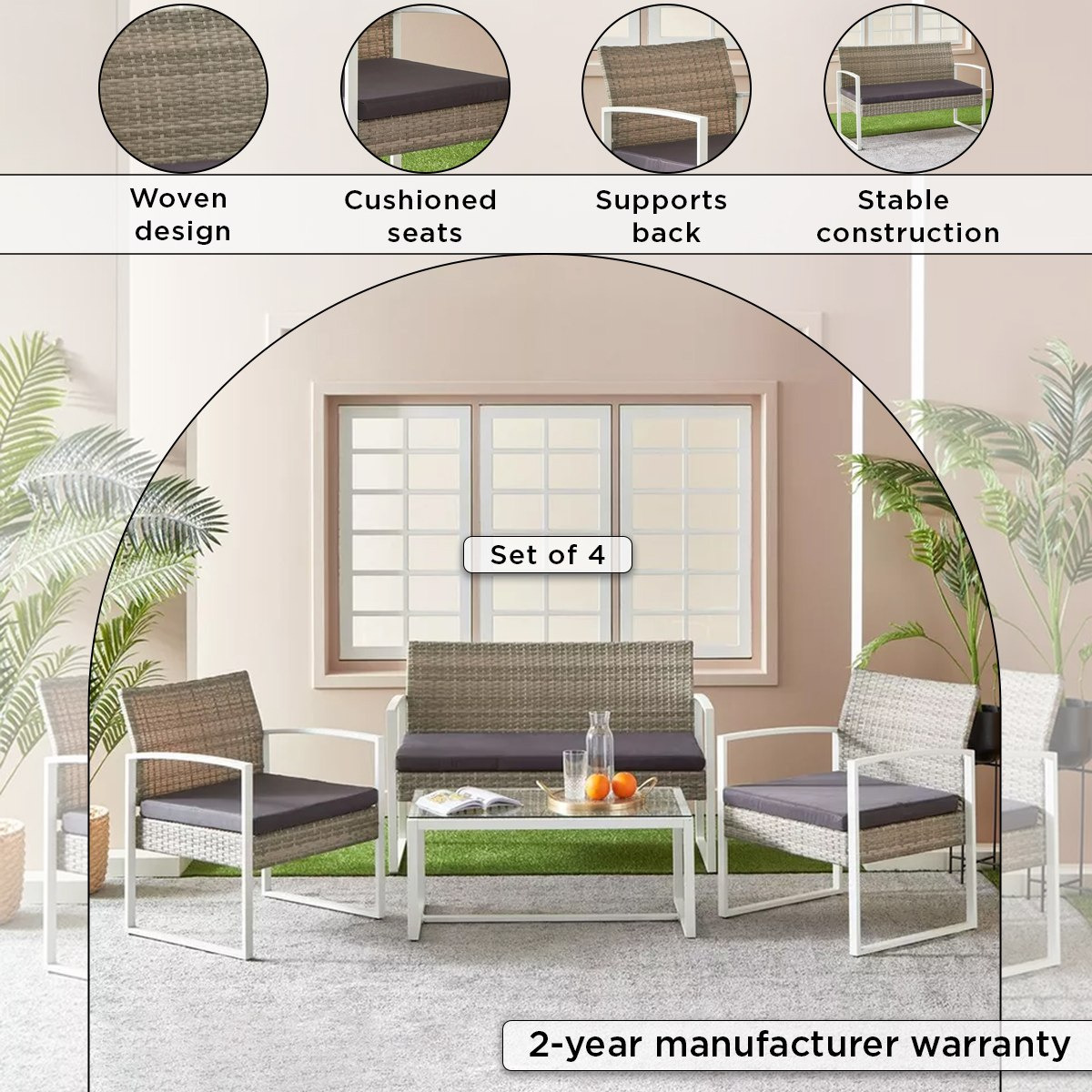 طقم طاولة قهوة 4 مقاعد للمساحات الخارجية مع وسائد من ميكونوس-hbxfurniture-livingroom-sofasandsofasets-image-4