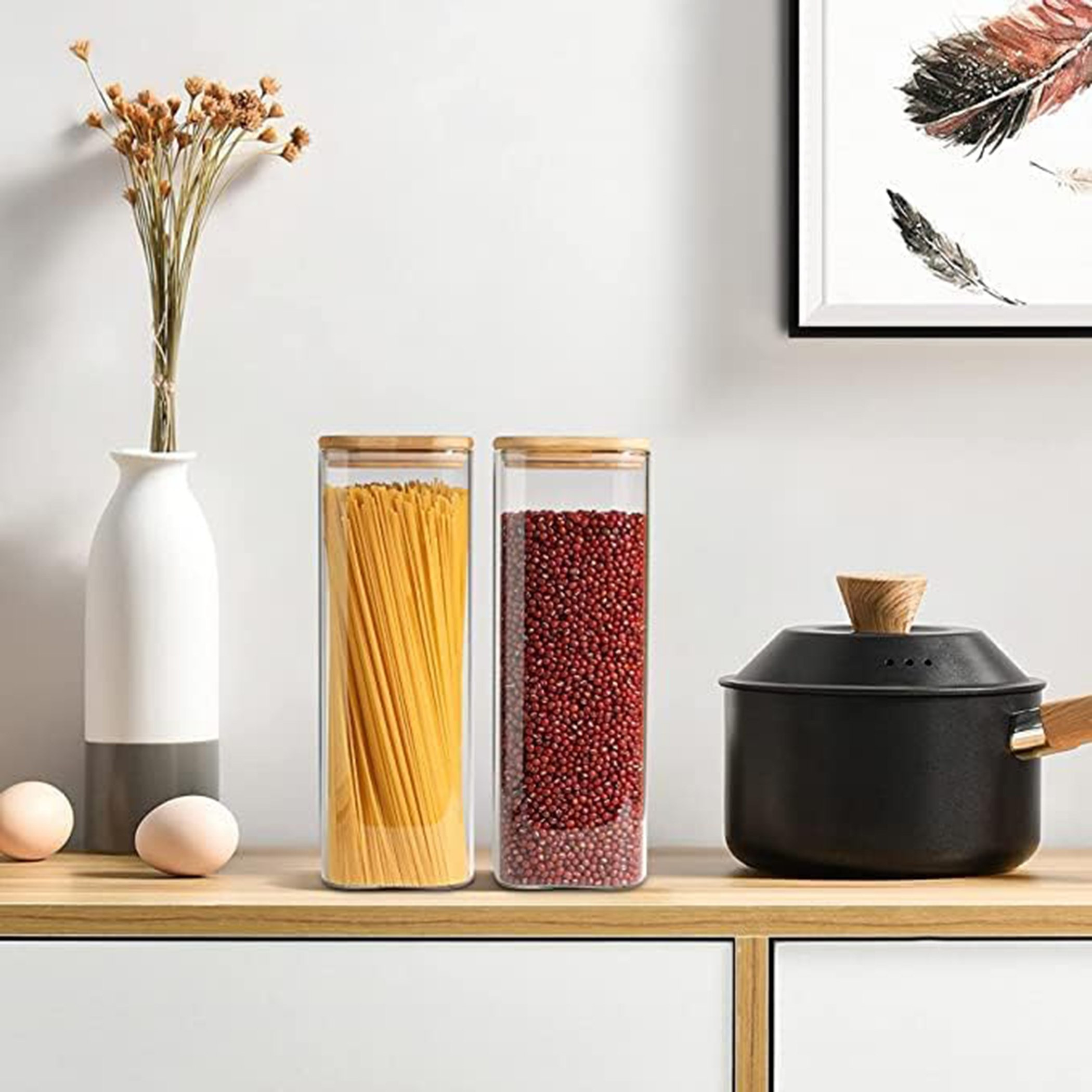 طقم جرات تخزين طعام زجاج بوروسيليكات قطعتين بأغطية من الخيزران الطبيعي من زين  - 1.8 لتر-hbxhomeware-hbxkitchen-image-5