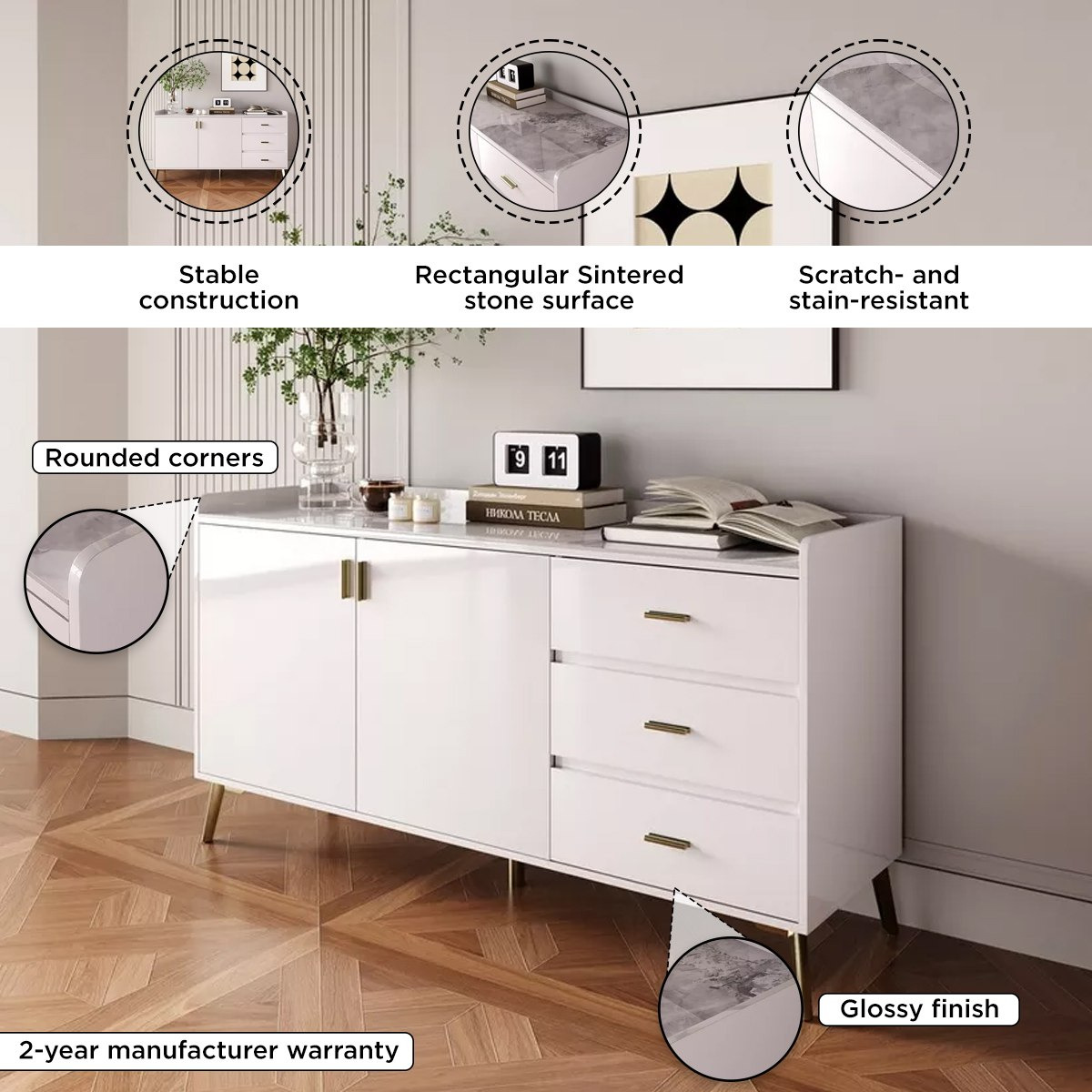 Pearl 2-Door 3-Drawer Sideboard with Sintered Stone Top-hbxfurniture-diningroom-buffetsandsideboards-image-5