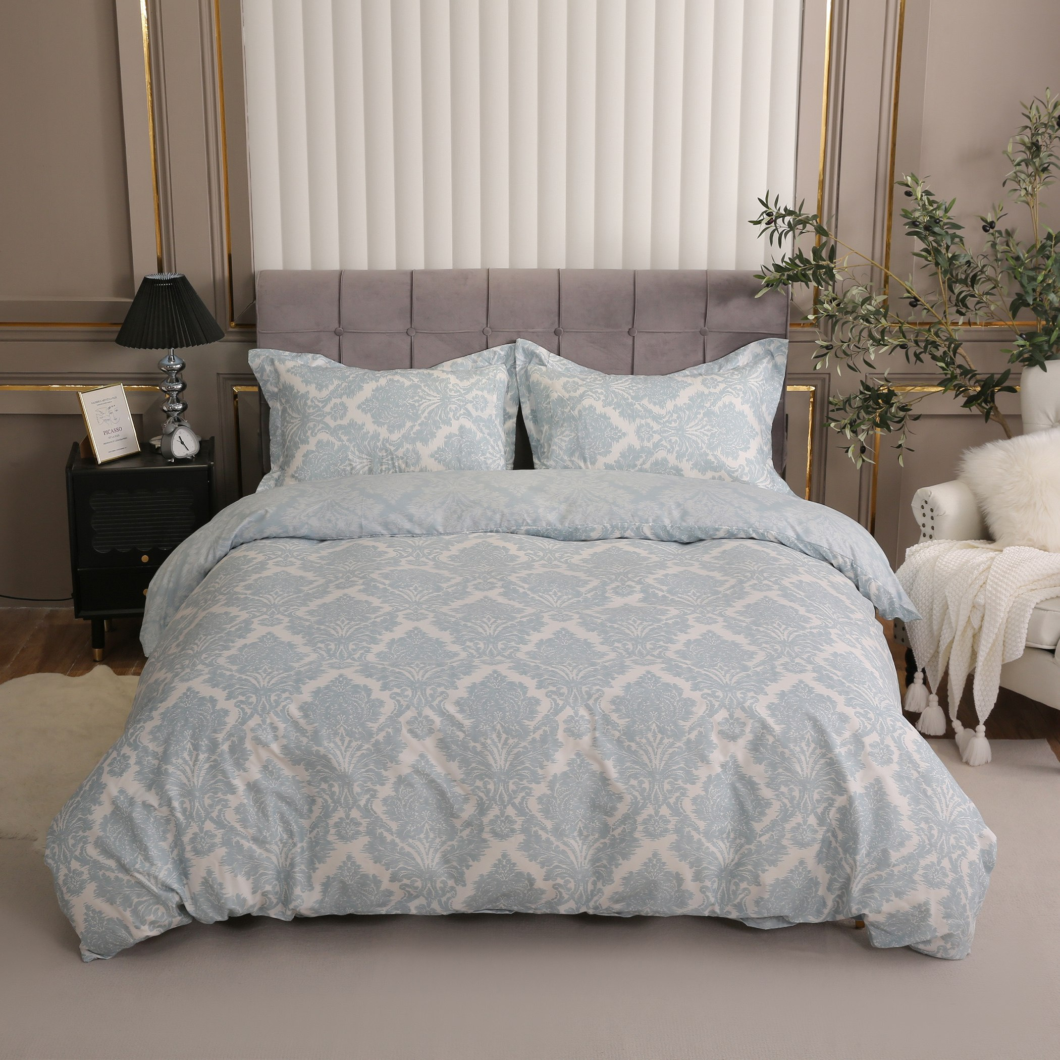 طقم غطاء لحاف سوبر كينج من الألياف الدقيقة 3 قطع بطبعات من دمشق - 220x240 سم-hbxhomeware-bedding-duvetcovers-image-2
