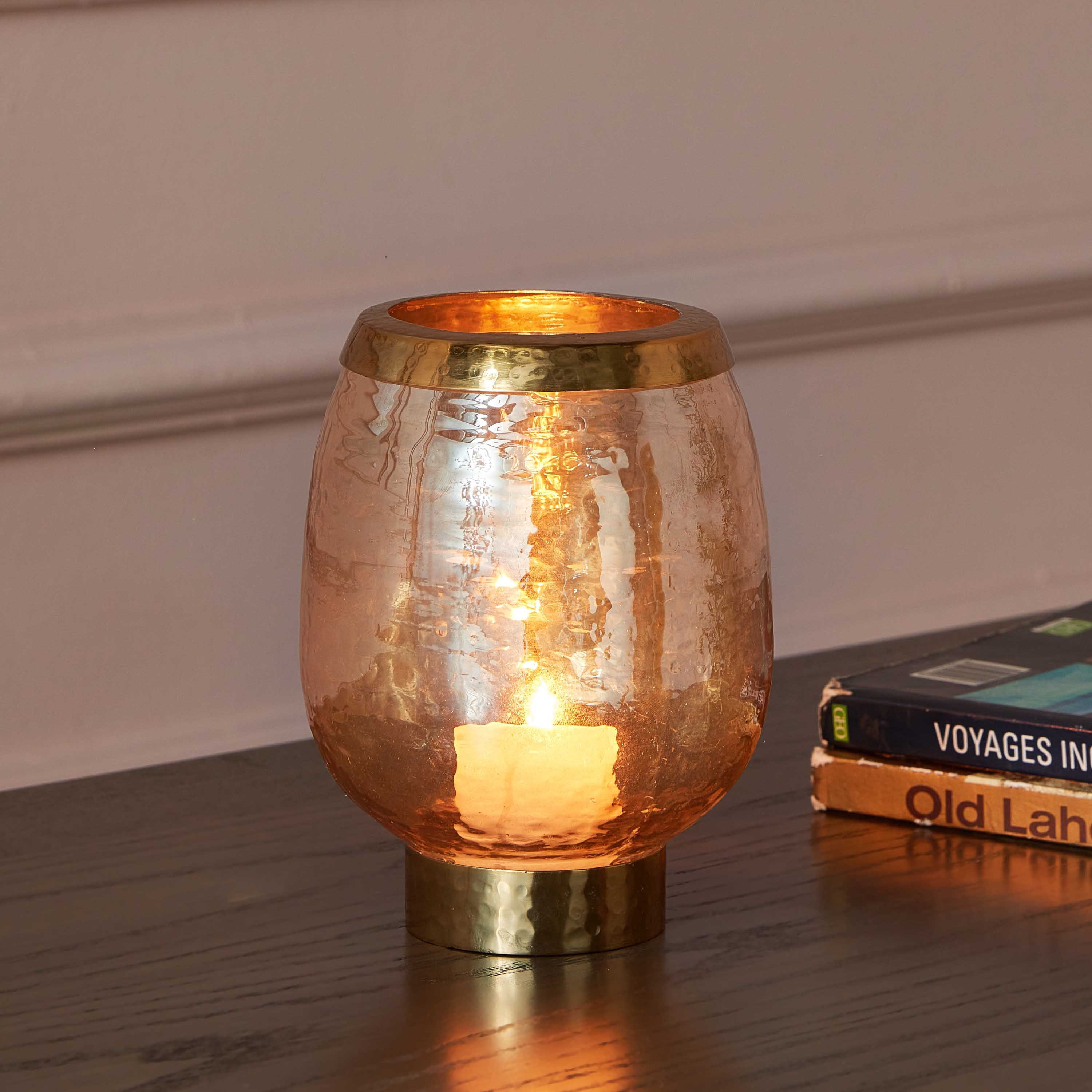 Tagus Lustre Amber Glass Hurricane Candleholder with Steel Ring - 11x11x15 cm-hbxlivingroom-decorandaccessories-candleholders-image-1