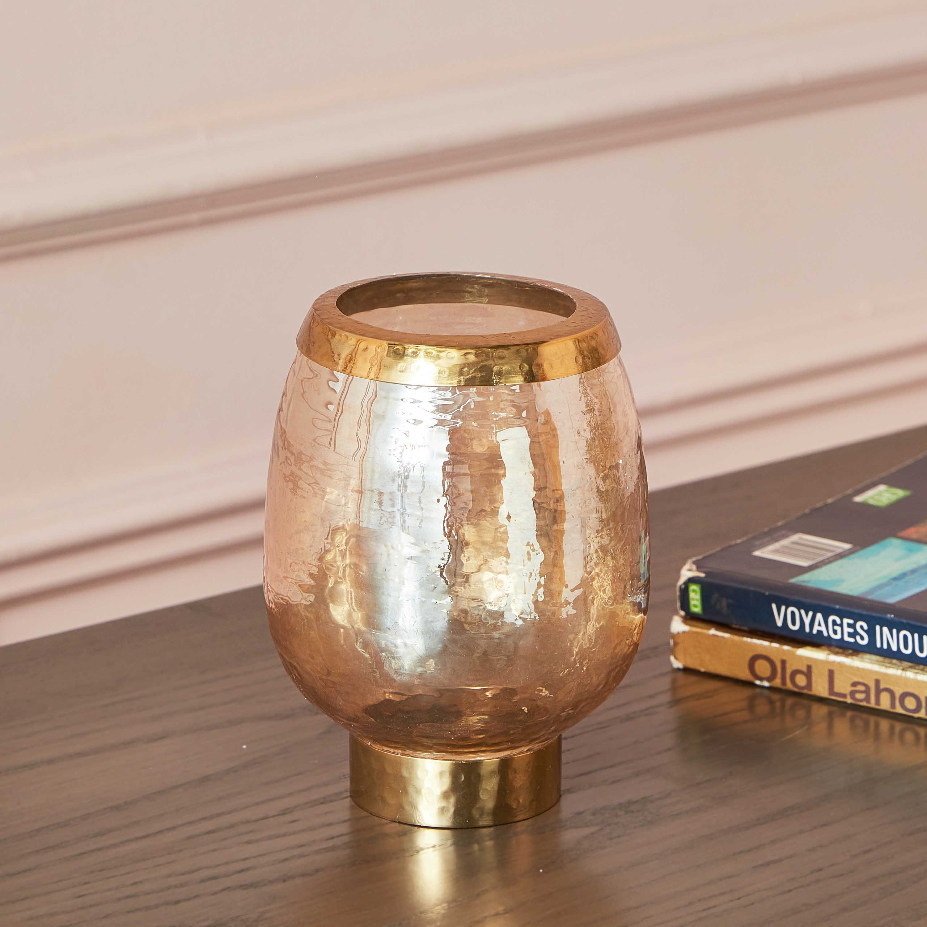 Tagus Lustre Amber Glass Hurricane Candleholder with Steel Ring - 11x11x15 cm-hbxlivingroom-decorandaccessories-candleholders-image-2
