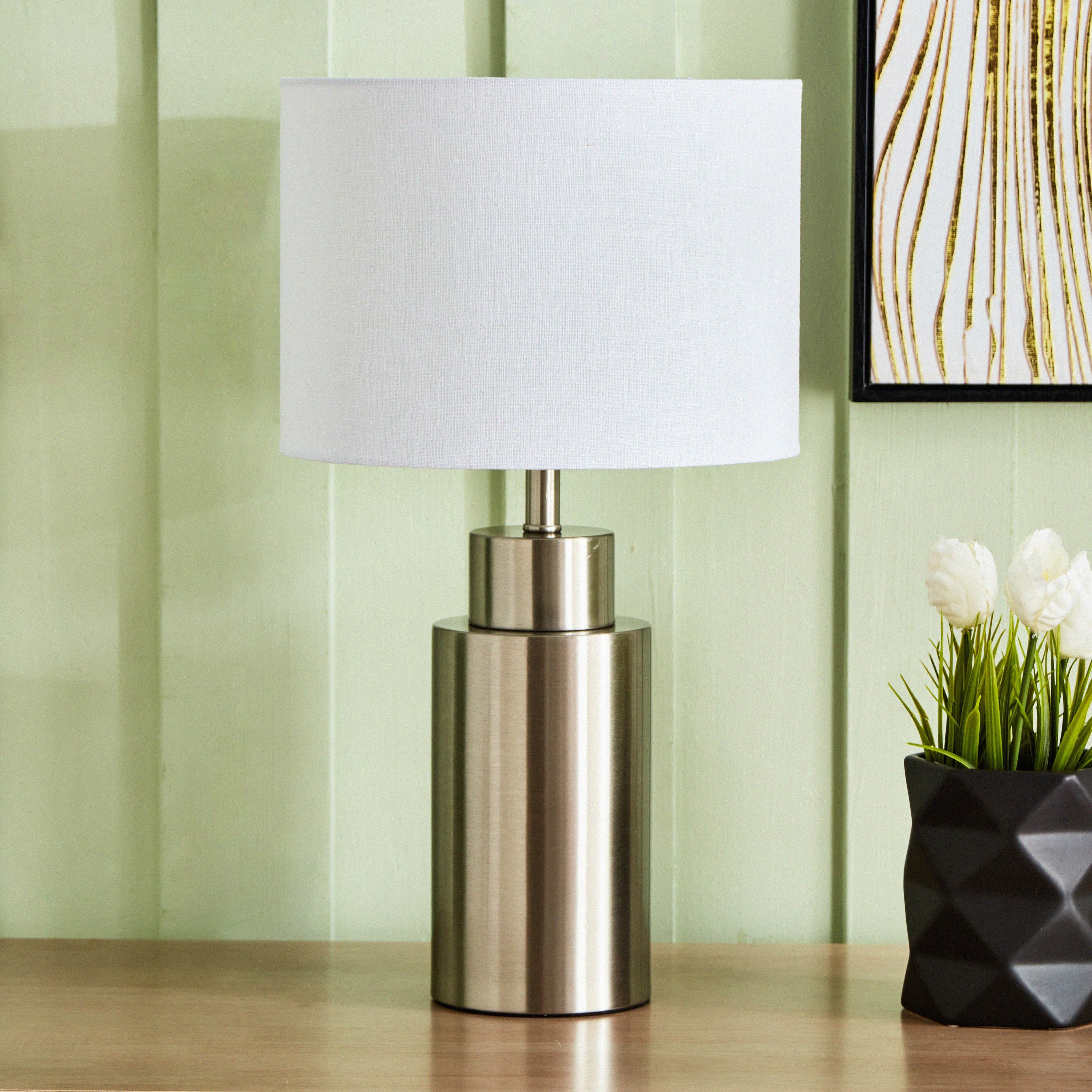 مصباح طاولة معدني بغطاء كتان من دنفير - 28x28x49 سم-hbxlivingroom-lighting-tablelamps-image-1
