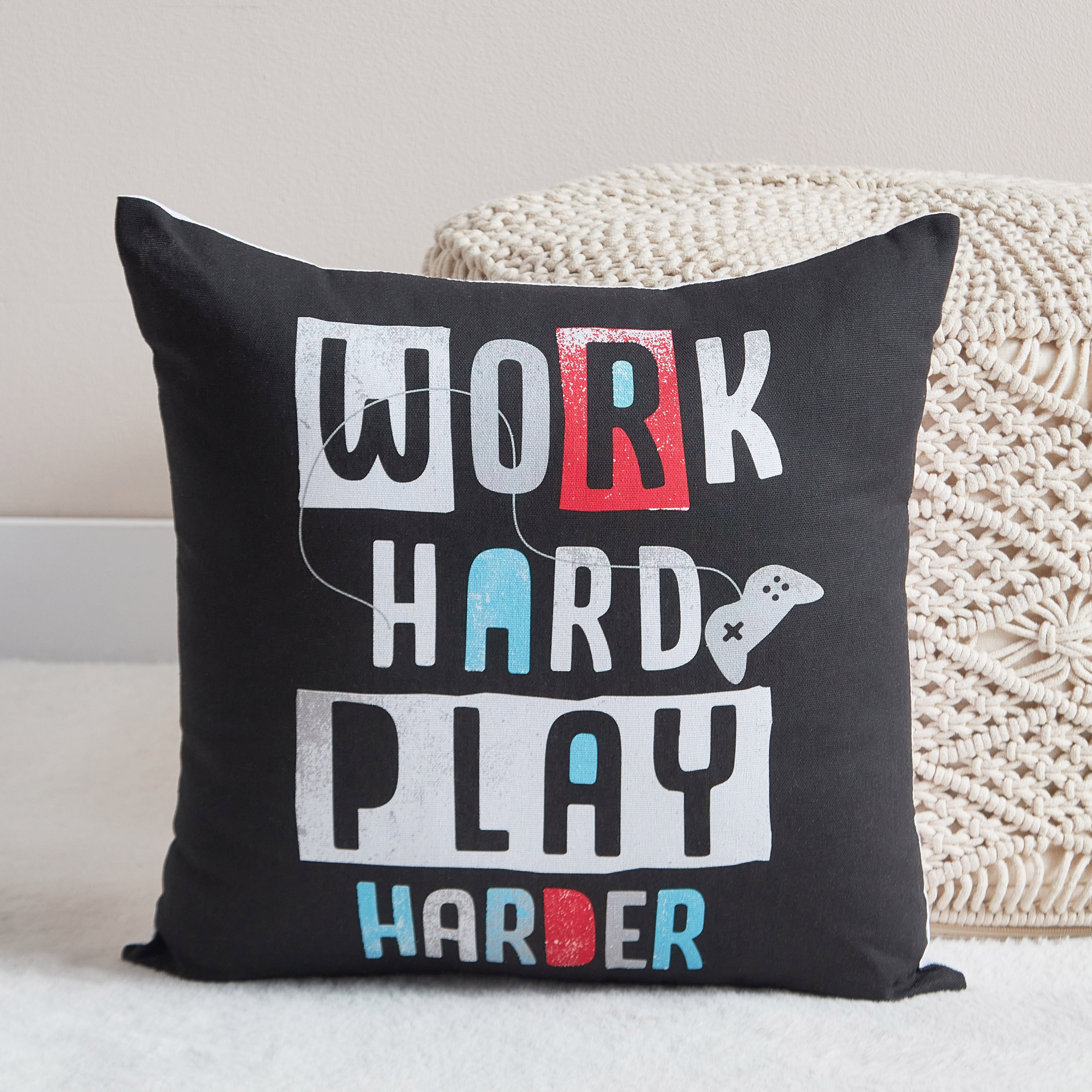 Gaming Play Date Work Hard Cotton Duck Filled Cushion - 40x40 cm-hbxhomeware-hbxkidsandyouth-image-2