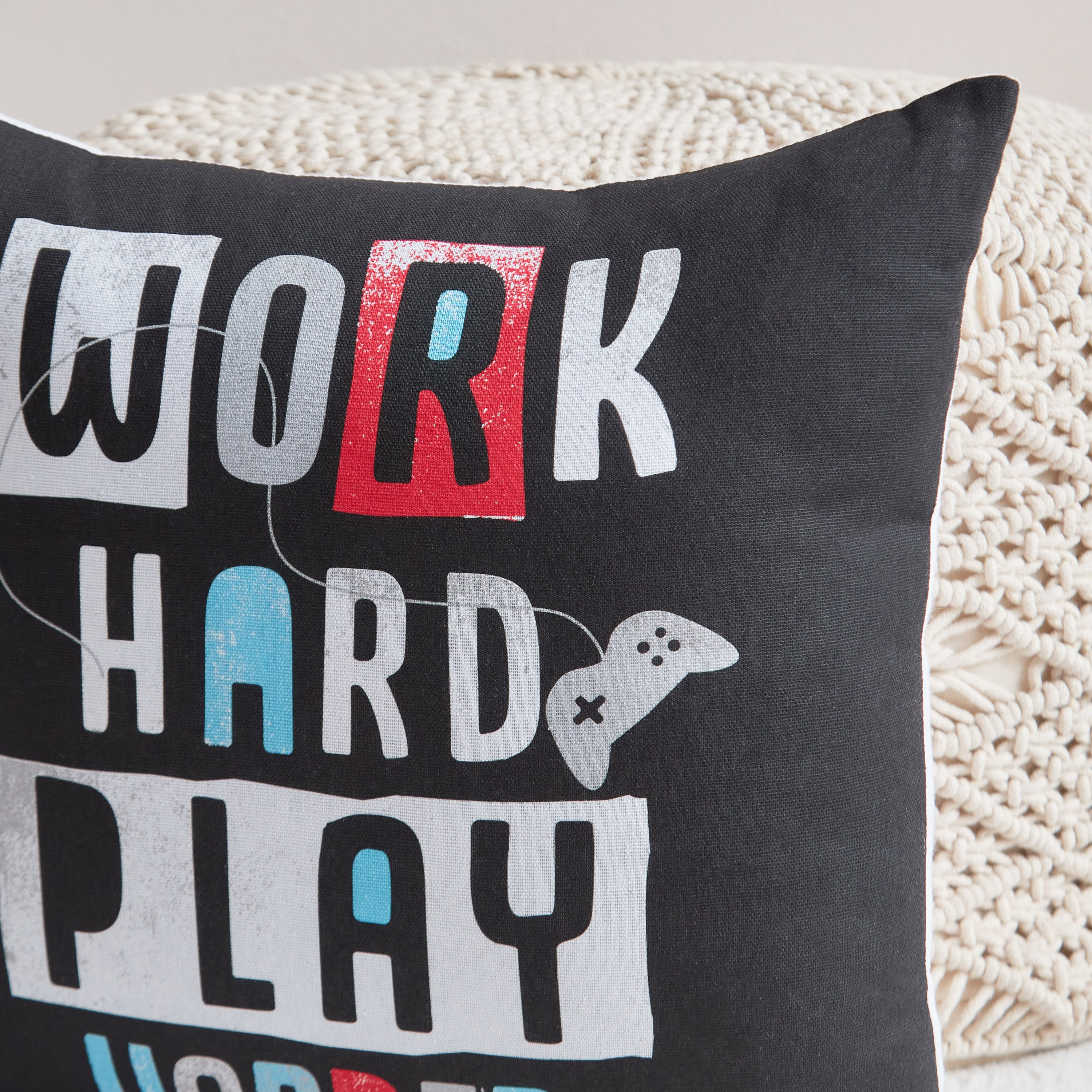 Gaming Play Date Work Hard Cotton Duck Filled Cushion - 40x40 cm-hbxhomeware-hbxkidsandyouth-image-3