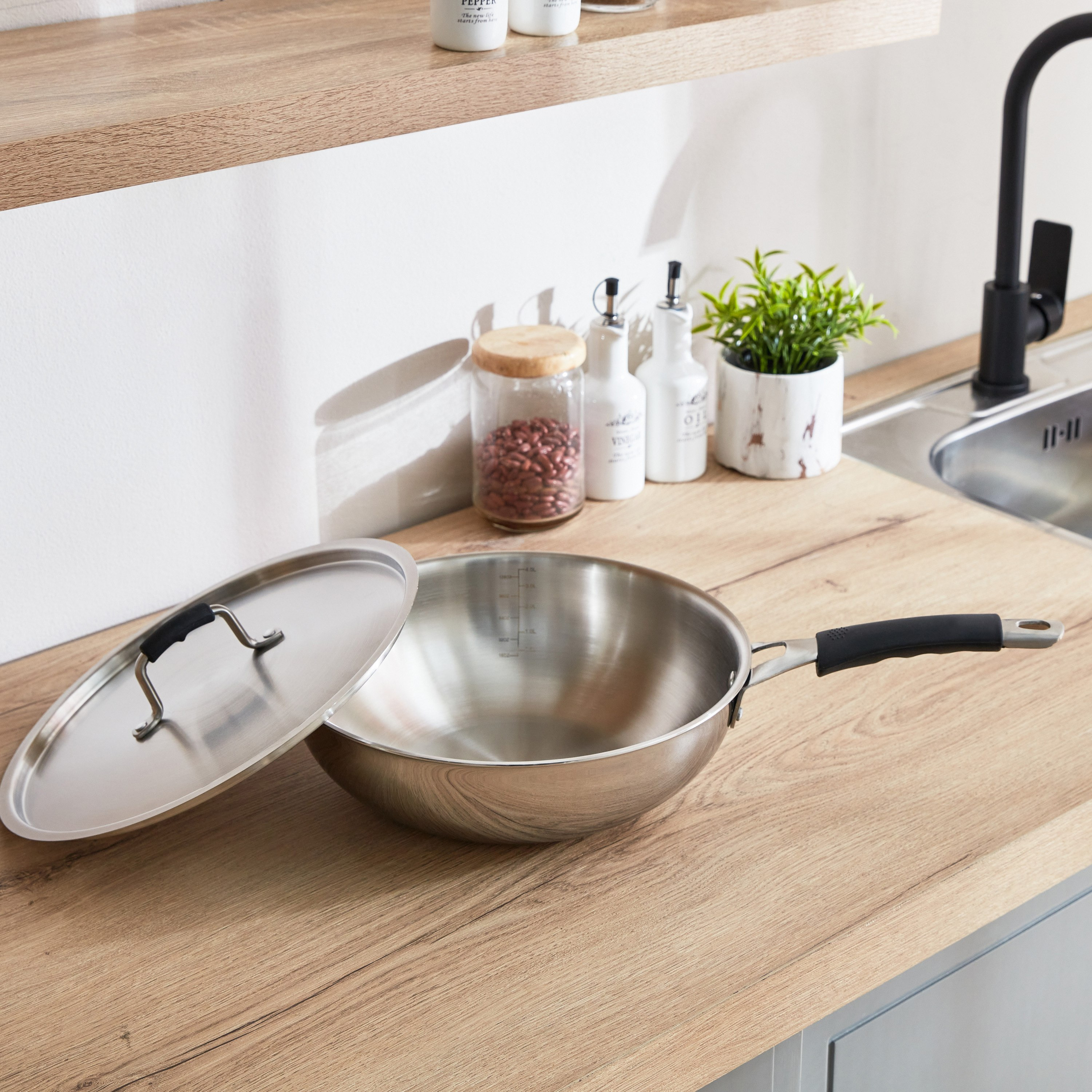 Glisten Steel Triply Wok with Steel Lid - 28 cm