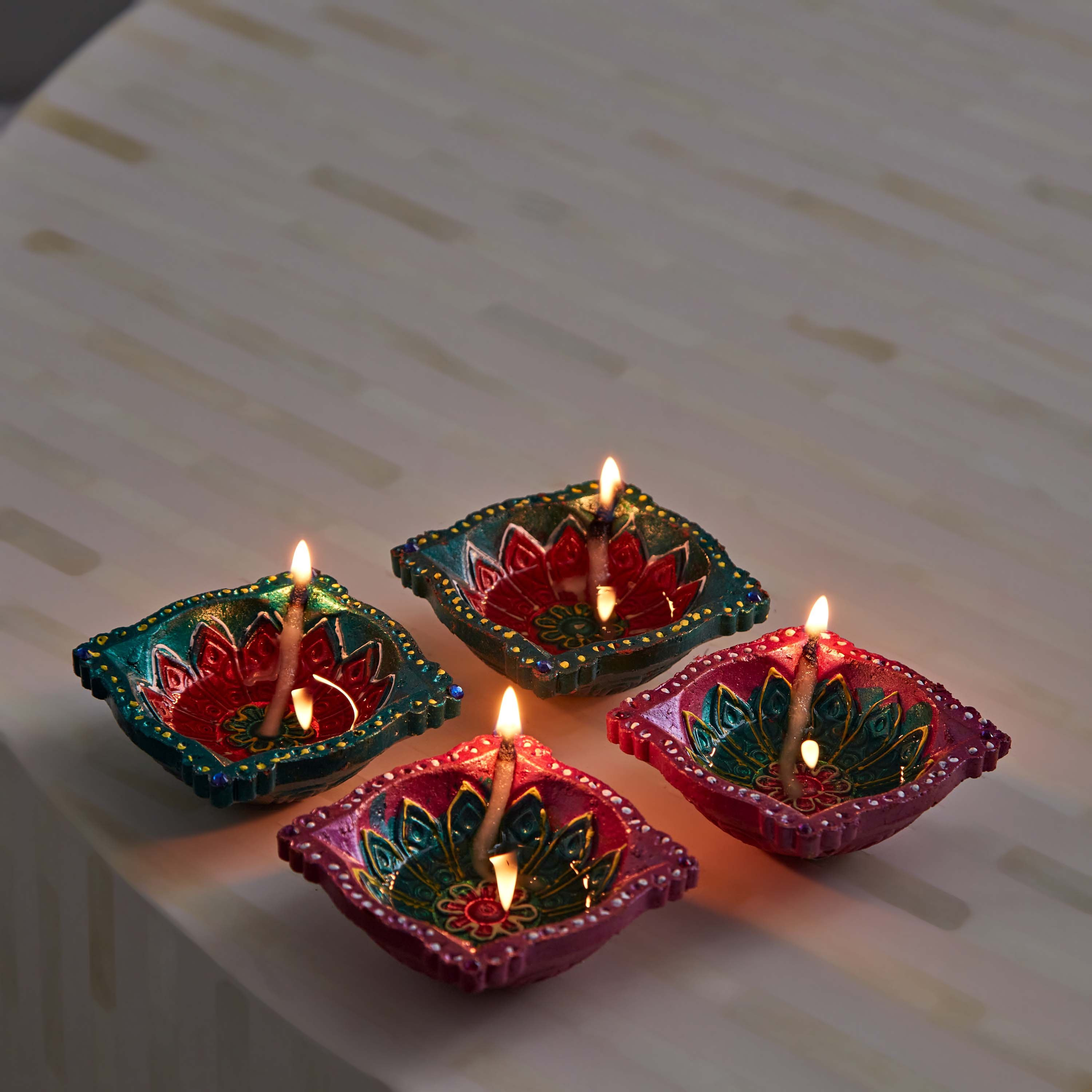 Lumen 4-Piece Square Colourful Diya Set - 19x19x4 cm-hbxlivingroom-decorandaccessories-candleholders-image-1