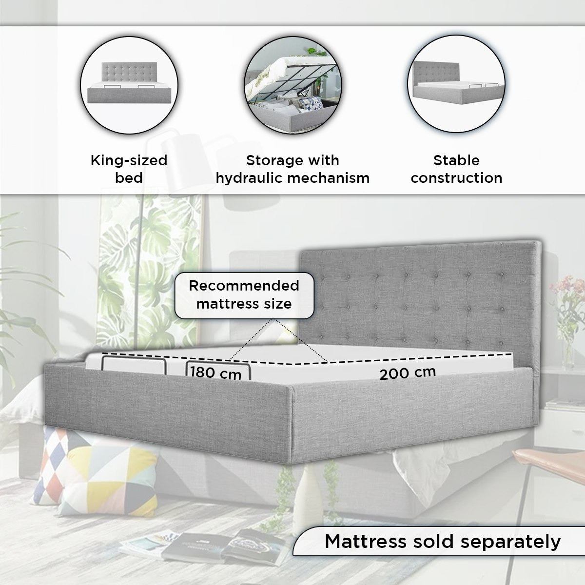 Oakland Hydraulic Storage Upholstered King Bed - 180x200 cm-hbxfurniture-bedsandbedsets-beds-king-image-6