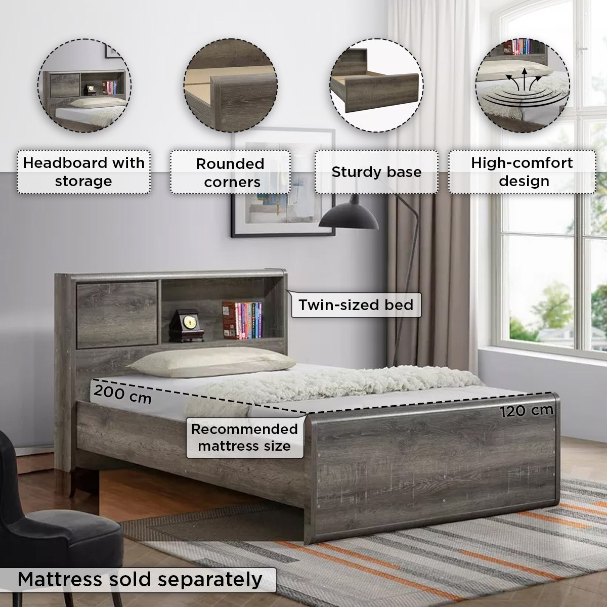 Movo Globus Twin Bed with Headboard Storage - 120x200 cm-hbxfurniture-kidsroom-kidsroomsets-twin-image-4