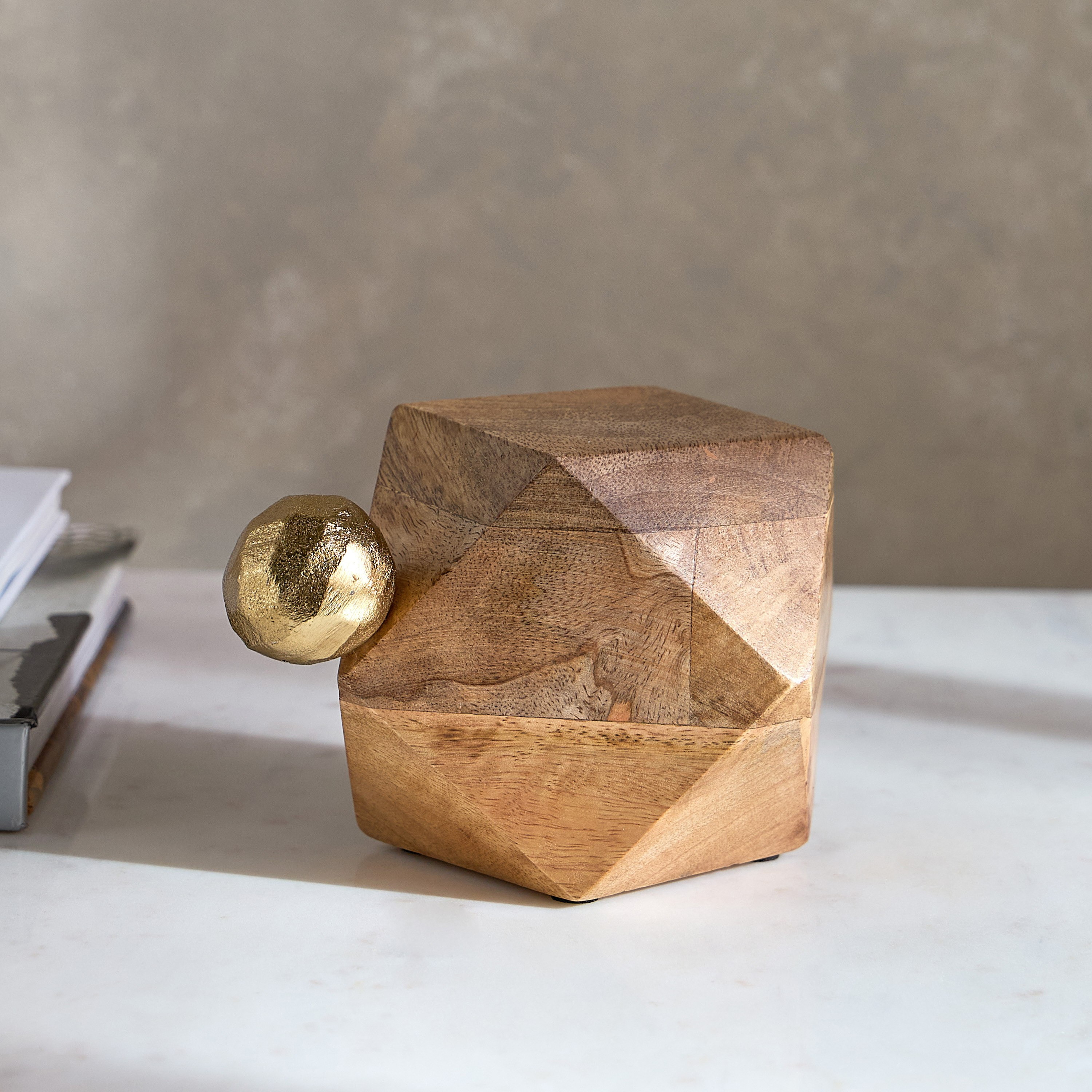 Liv Wooden Polyhedron Accent with Metal Knob - 14x10x10 cm