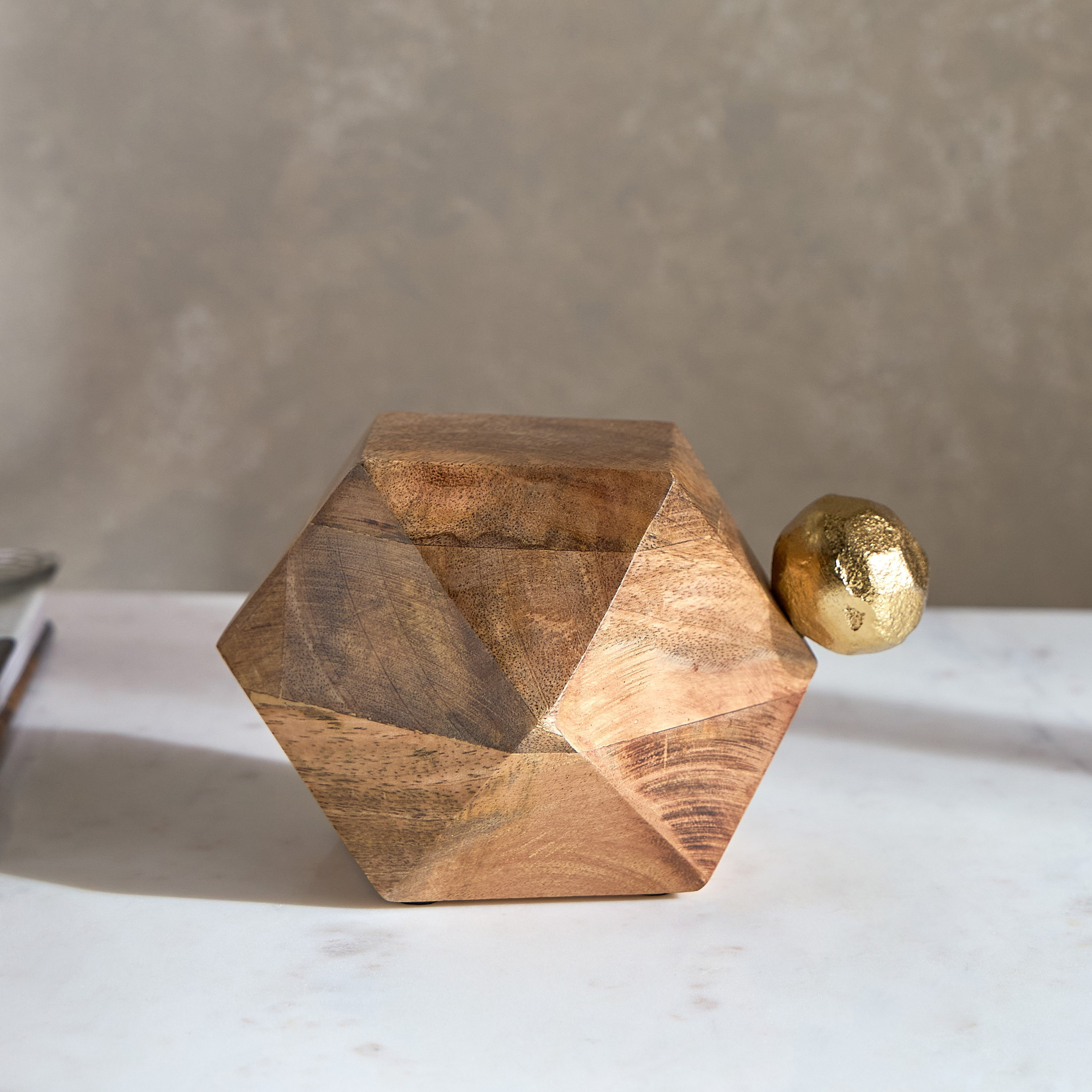 Liv Wooden Polyhedron Accent with Metal Knob - 14x10x10 cm-hbxhomeware-homedecor-figurinesandornaments-image-2